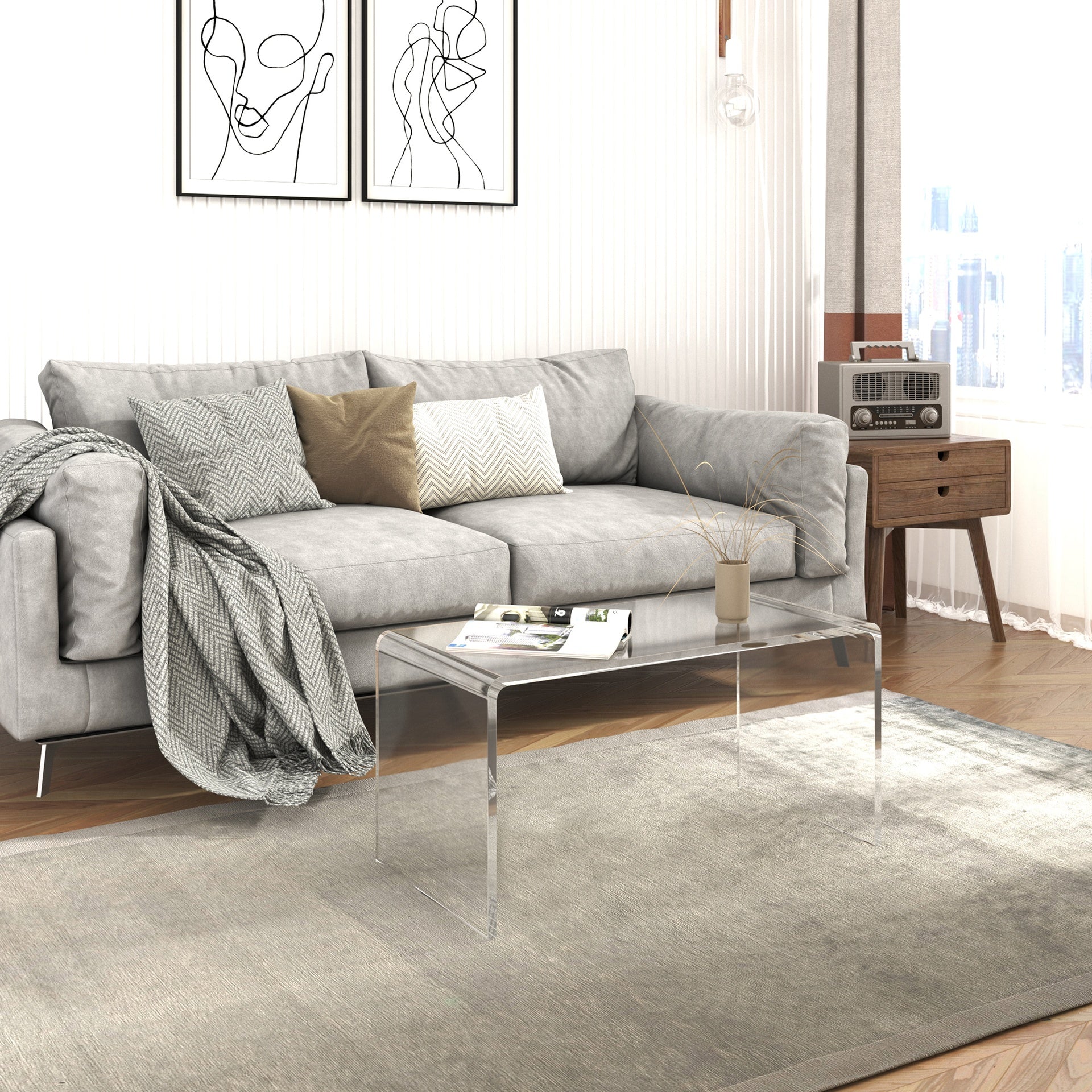 HOMCOM 32" Acrylic Coffee Table, 0.6" Thick Rectangle Waterfall Center Table for Living Room, Modern, No Assembly Required, Clear