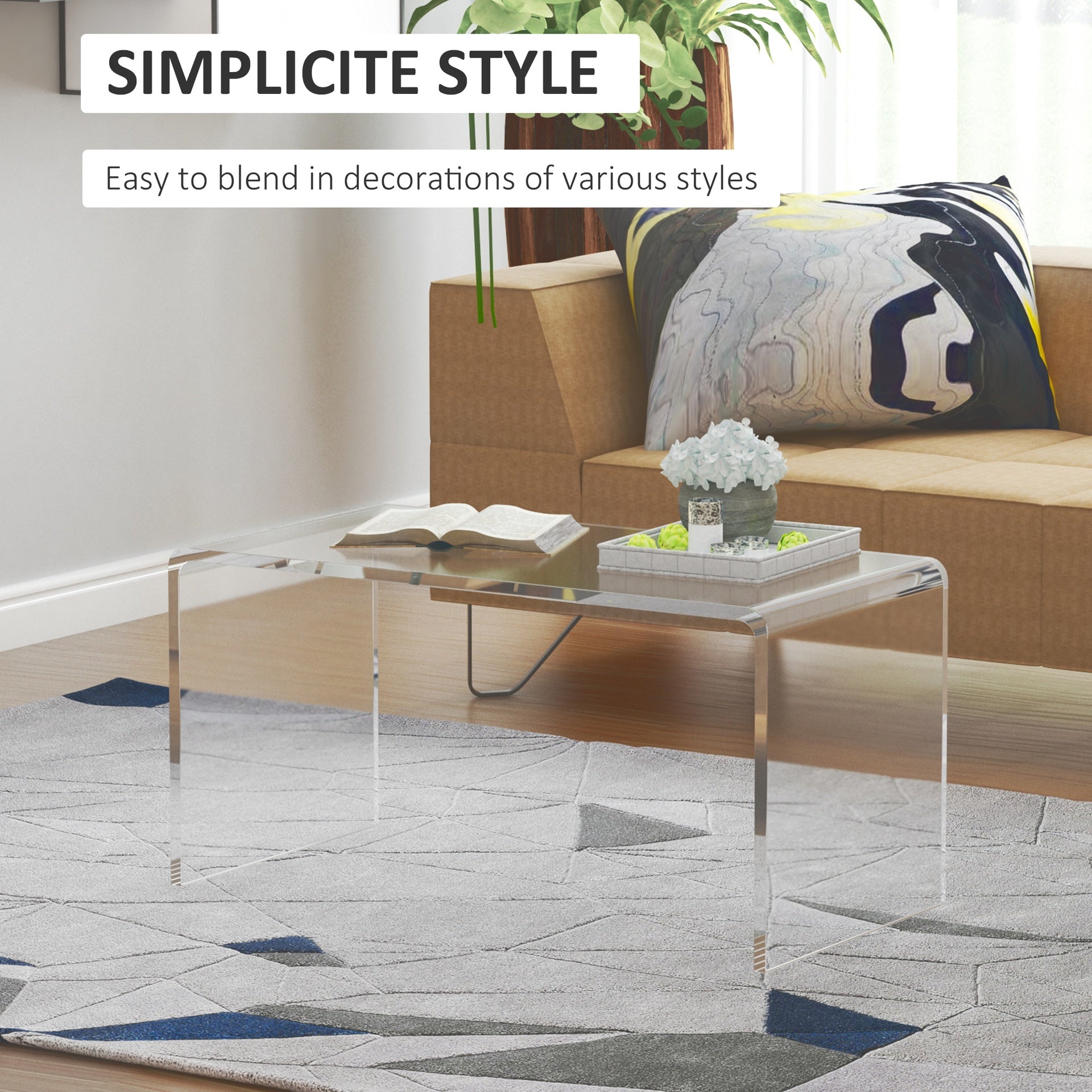 HOMCOM 32" Acrylic Coffee Table, 0.6" Thick Rectangle Waterfall Center Table for Living Room, Modern, No Assembly Required, Clear