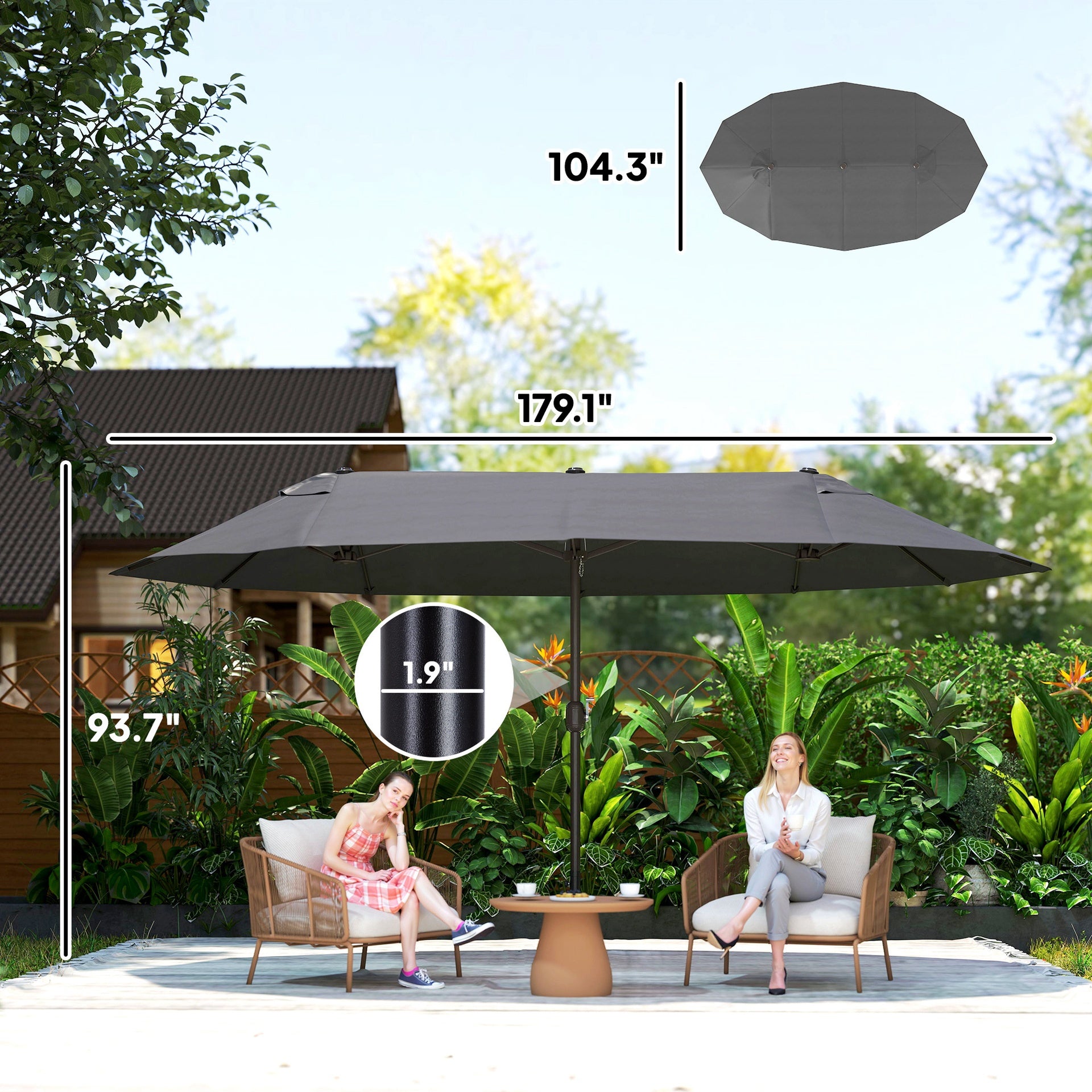 Outsunny Extra Large 15 ft Patio Umbrella, Double-Sided Wide Outdoor Umbrella with Crank Handle and Air Vents for Backyard, Deck, Pool, Market, Gray
