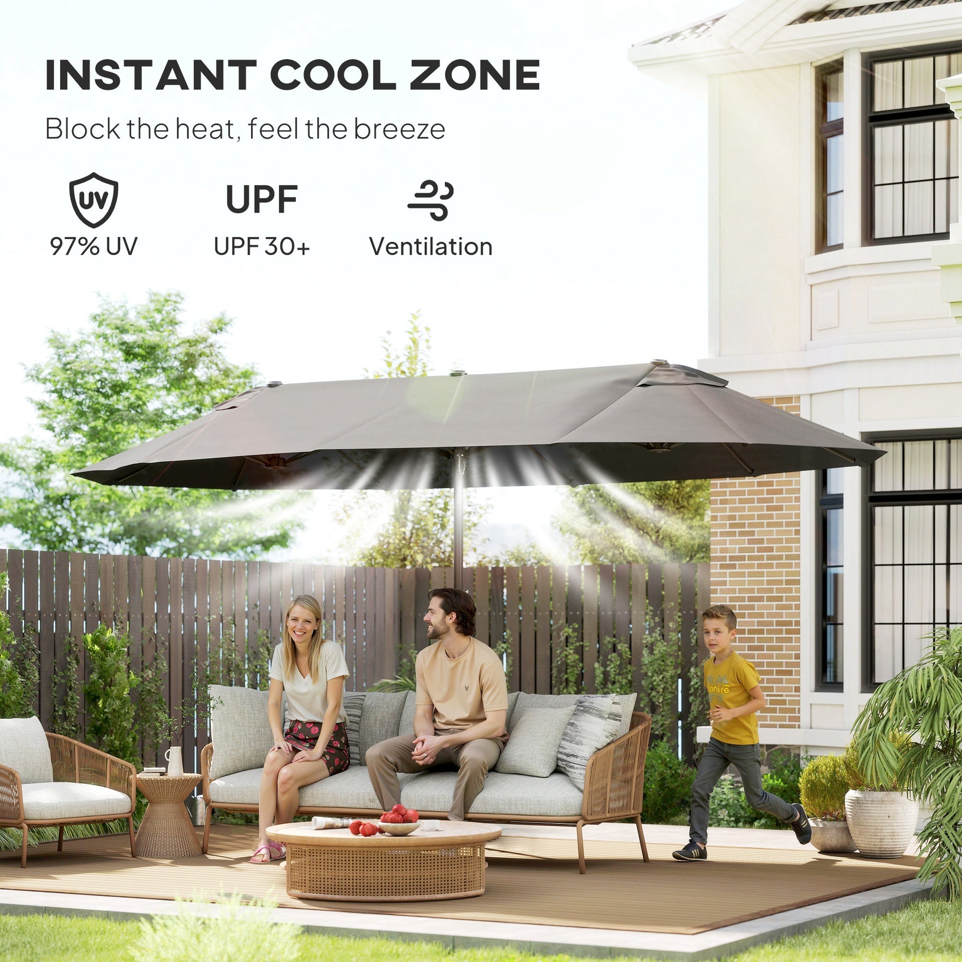 Outsunny Extra Large 15 ft Patio Umbrella, Double-Sided Wide Outdoor Umbrella with Crank Handle and Air Vents for Backyard, Deck, Pool, Market, Gray