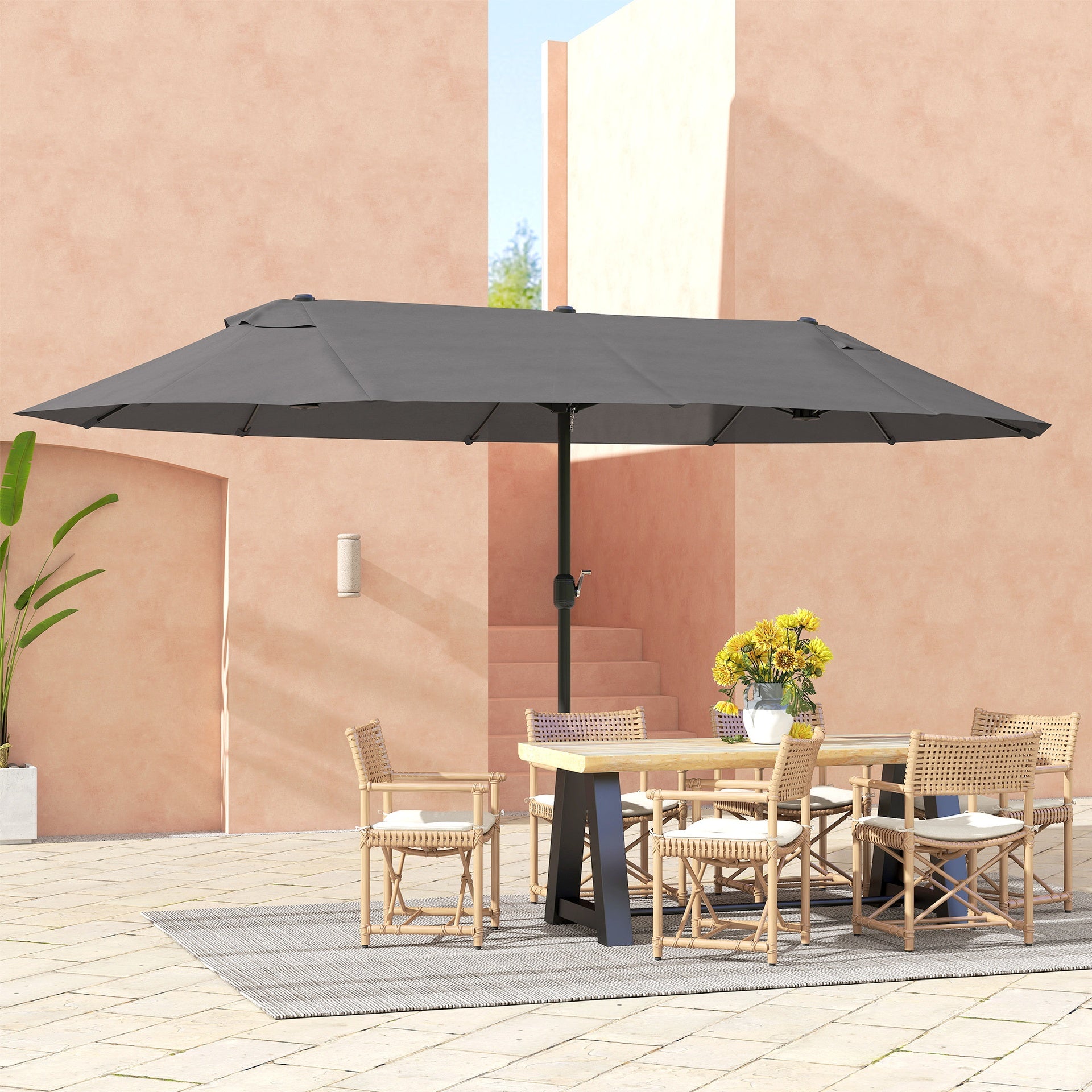 Outsunny Extra Large 15 ft Patio Umbrella, Double-Sided Wide Outdoor Umbrella with Crank Handle and Air Vents for Backyard, Deck, Pool, Market, Gray