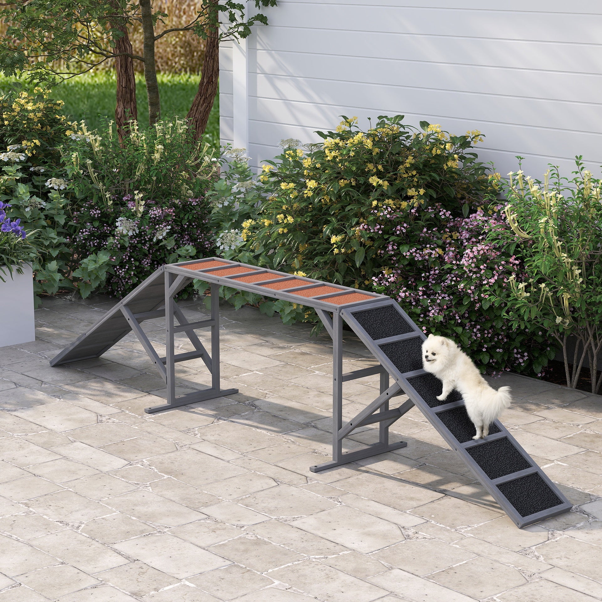 PawHut Dog Agility Equipment Ramp with Safety Bar, Non-slip Surface, for Walk and Pause Training, Gray