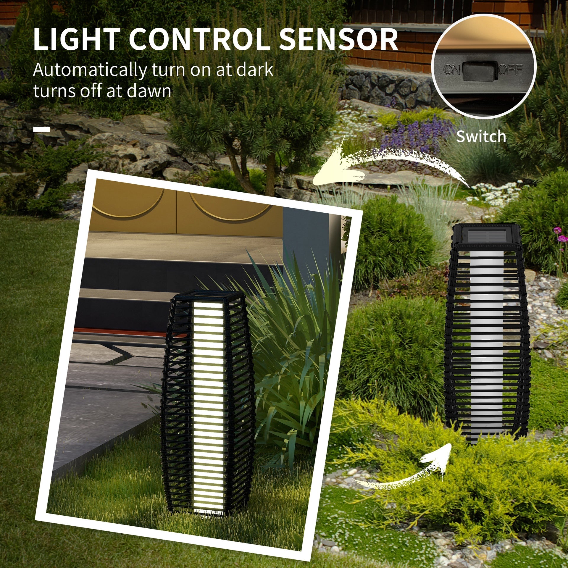 Outsunny Solar Floor Lamp, Outdoor Rattan Garden Lantern Pathway Light & Decorative Driveway Lighting, Black