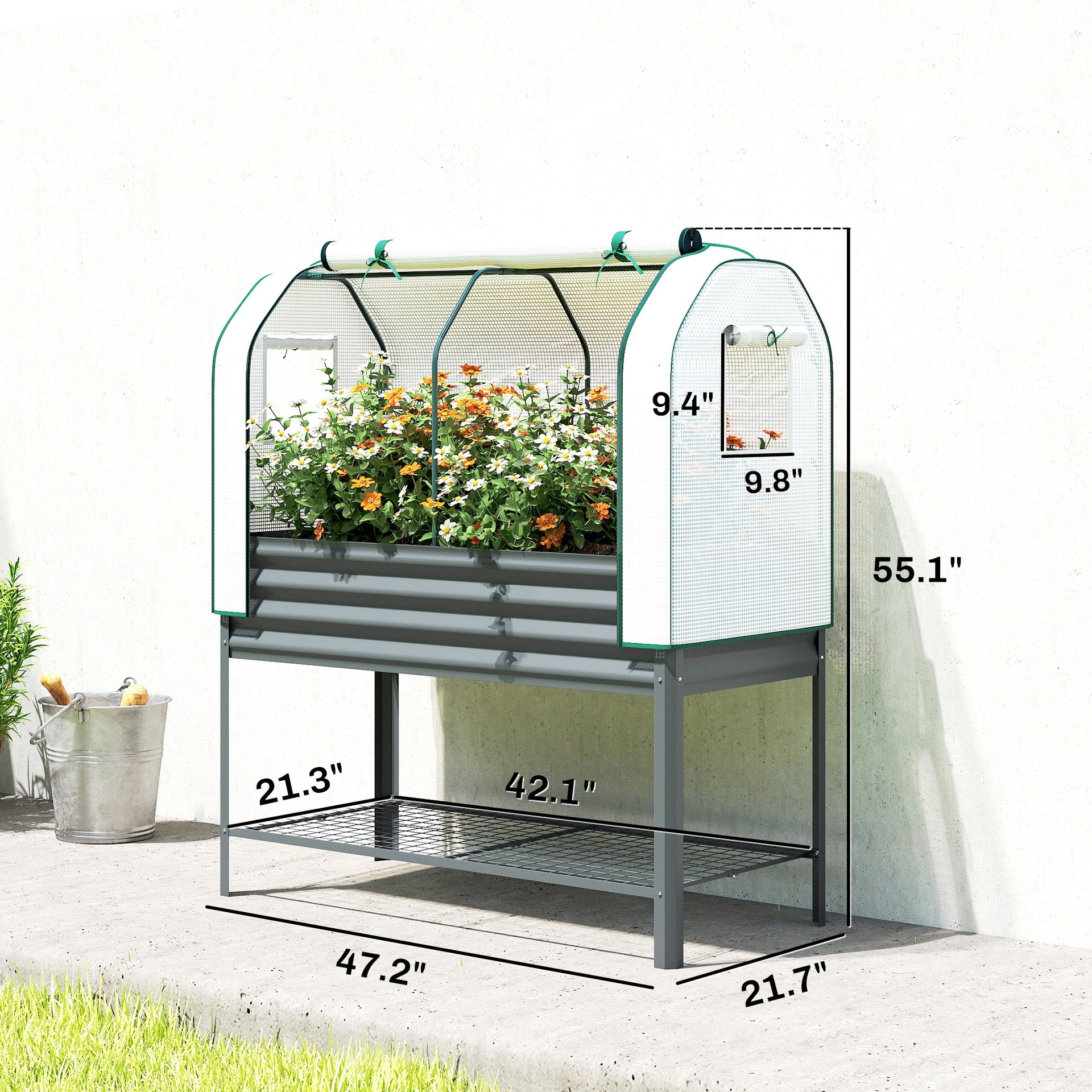 Outsunny Galvanised Raised Garden Bed with Greenhouse Cover, Metal Elevated Garden Bed with Bed Liner, Bottom Shelf, Dark Gray