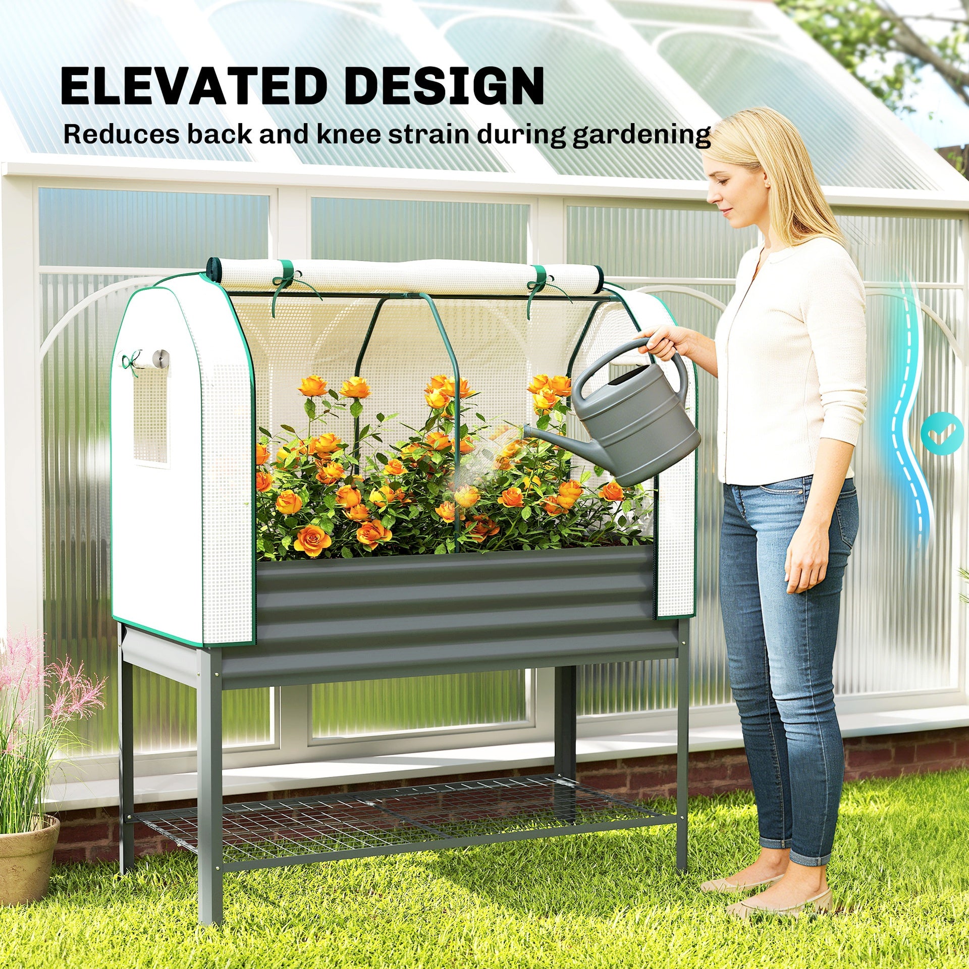 Outsunny Galvanised Raised Garden Bed with Greenhouse Cover, Metal Elevated Garden Bed with Bed Liner, Bottom Shelf, Dark Gray