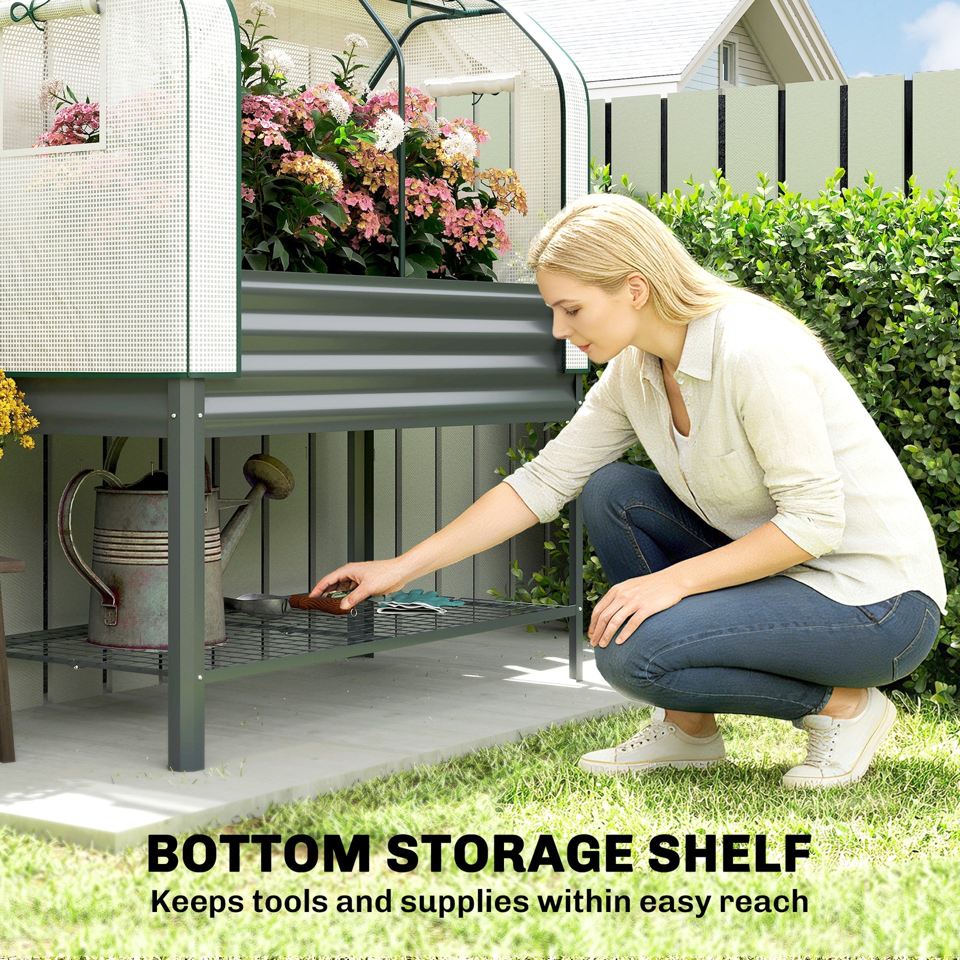 Outsunny Galvanised Raised Garden Bed with Greenhouse Cover, Metal Elevated Garden Bed with Bed Liner, Bottom Shelf, Dark Gray