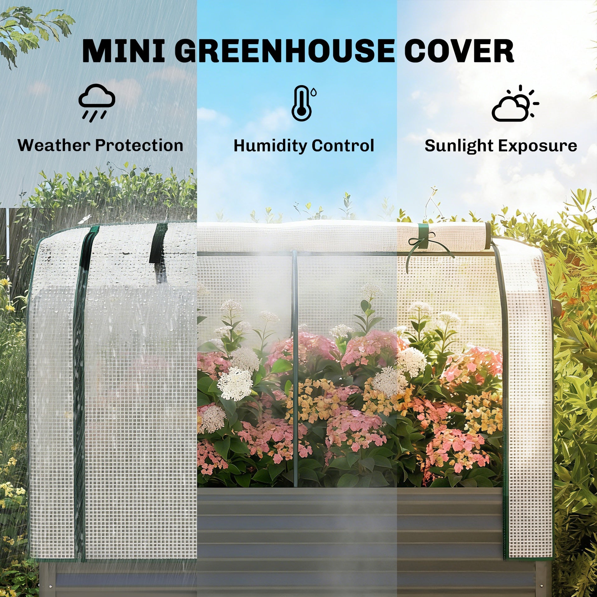 Outsunny Galvanised Raised Garden Bed with Greenhouse Cover, Metal Elevated Garden Bed with Bed Liner, Bottom Shelf, Dark Gray