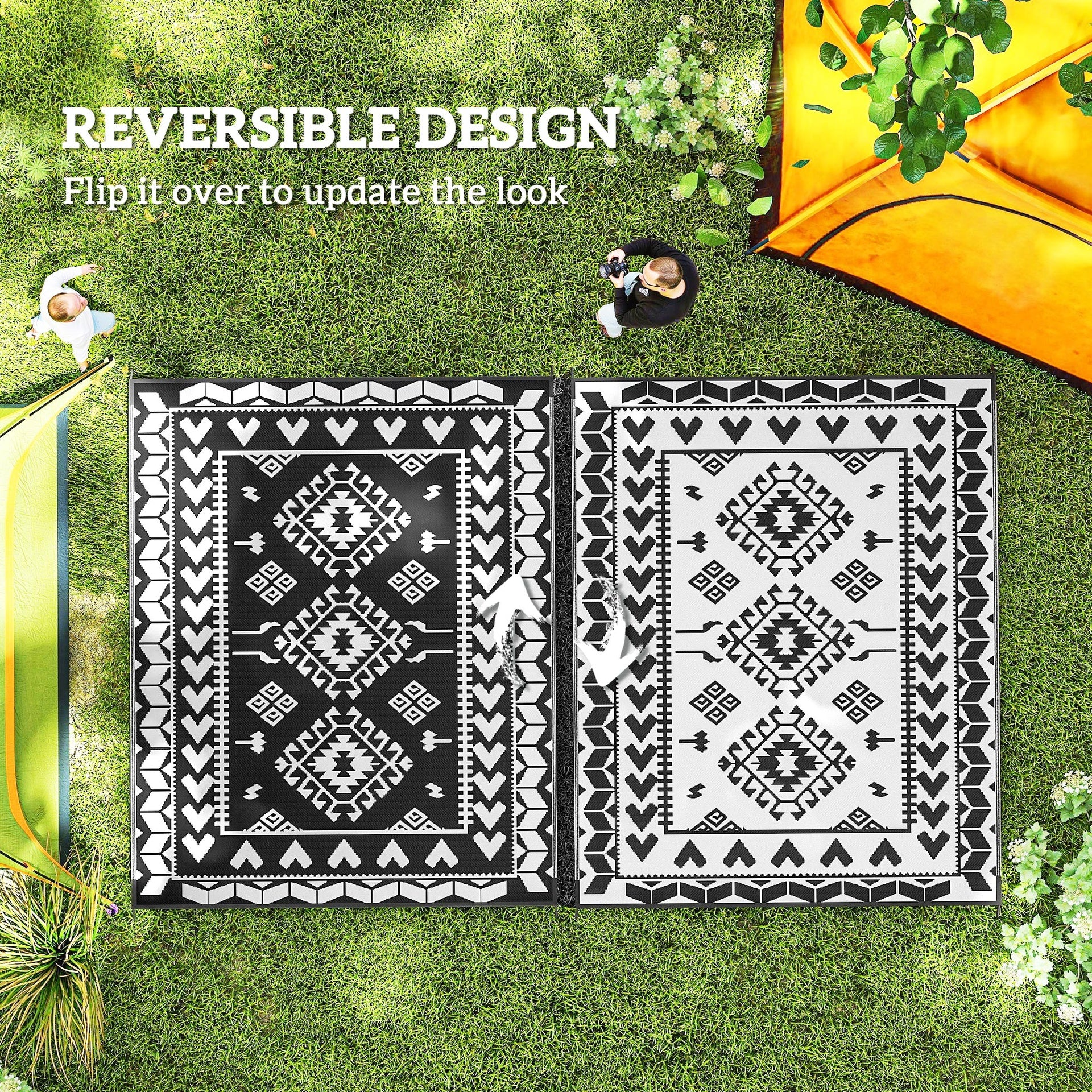 Outsunny Reversible Outdoor Rug, Waterproof Plastic Straw with Carry Bag, 8' x 10', Black & White Rhombus Patchwork