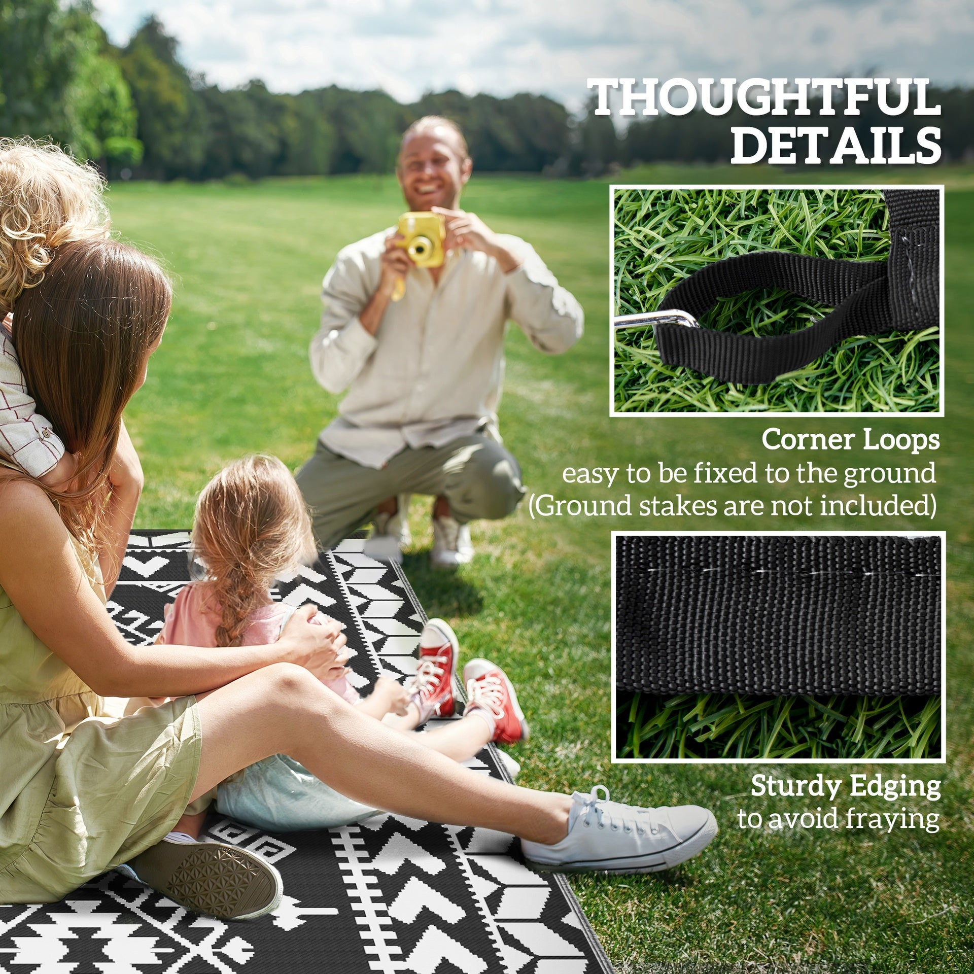 Outsunny Reversible Outdoor Rug, Waterproof Plastic Straw with Carry Bag, 8' x 10', Black & White Rhombus Patchwork