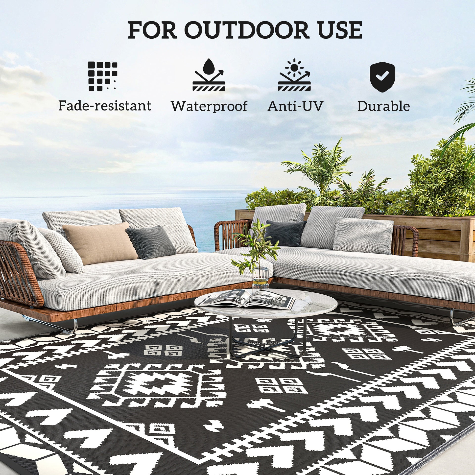 Outsunny Reversible Outdoor Rug, Waterproof Plastic Straw with Carry Bag, 8' x 10', Black & White Rhombus Patchwork