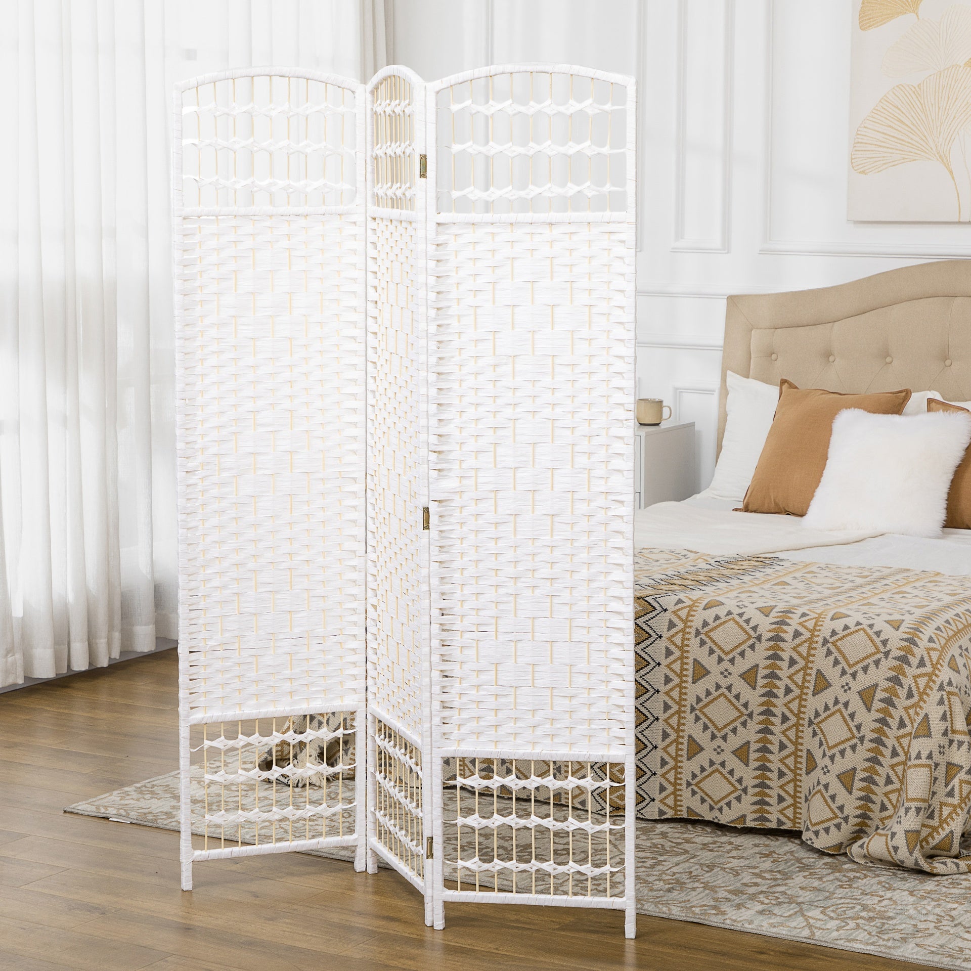 HOMCOM 3 Panel Folding Room Divider Portable Privacy Screen Wave Fiber Room Partition for Home Office White
