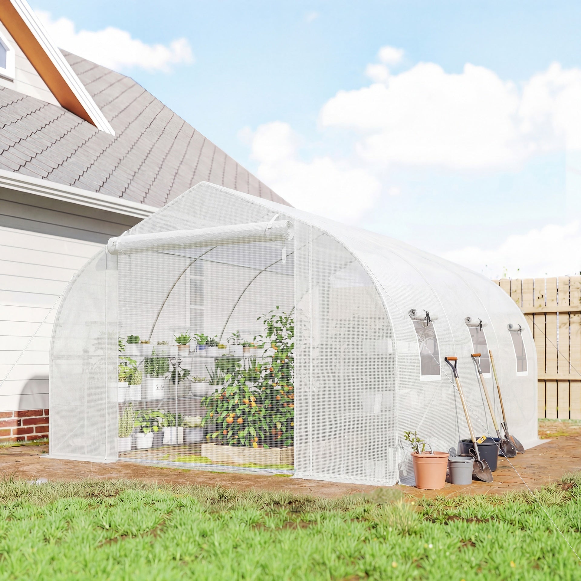 Outsunny 10'x11'x6' Walk-in Tunnel Greenhouse with Shelves, Mesh Door and Windows, Plant Hot House with PE Cover, White