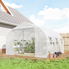 Outsunny 10'x11'x6' Walk-in Tunnel Greenhouse with Shelves, Mesh Door and Windows, Plant Hot House with PE Cover, White