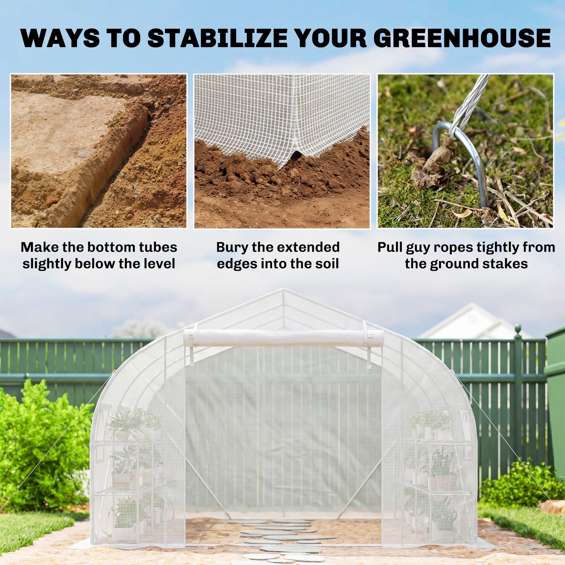 Outsunny 10'x11'x6' Walk-in Tunnel Greenhouse with Shelves, Mesh Door and Windows, Plant Hot House with PE Cover, White