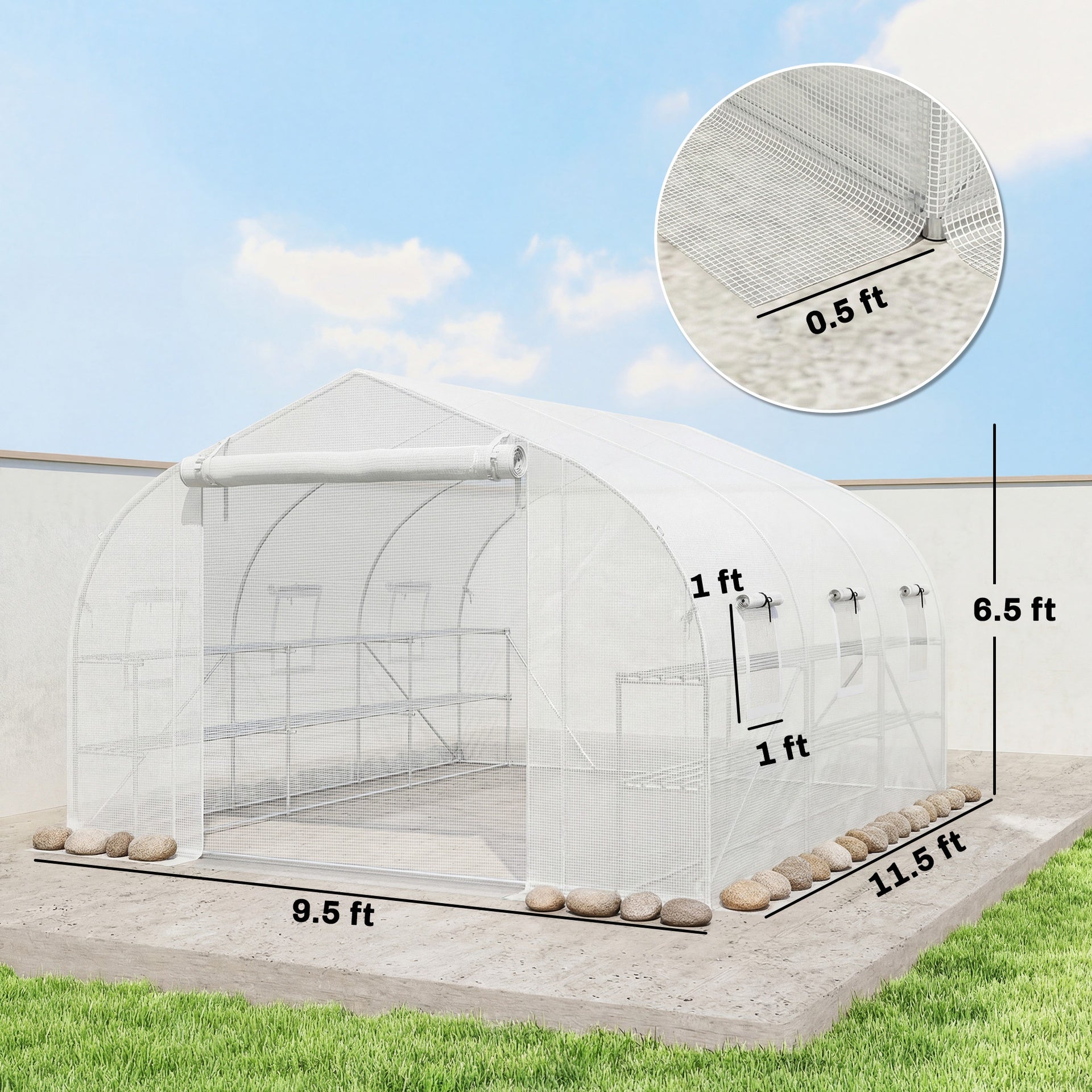 Outsunny 10'x11'x6' Walk-in Tunnel Greenhouse with Shelves, Mesh Door and Windows, Plant Hot House with PE Cover, White