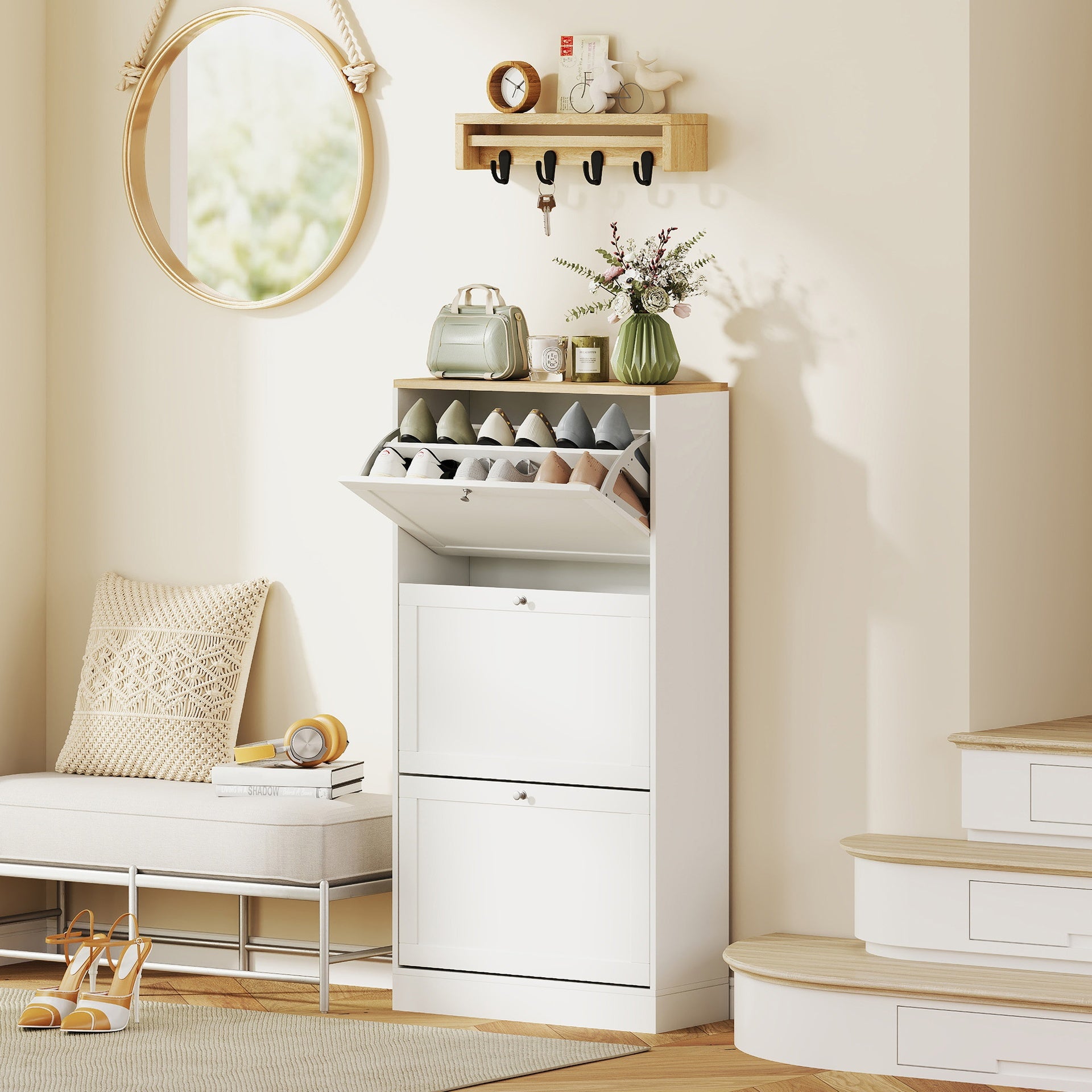 HOMCOM Modern Shoe Storage Cabinet with 3 Flip Drawers and Adjustable Shelves for 12-18 Pairs of Shoes, White