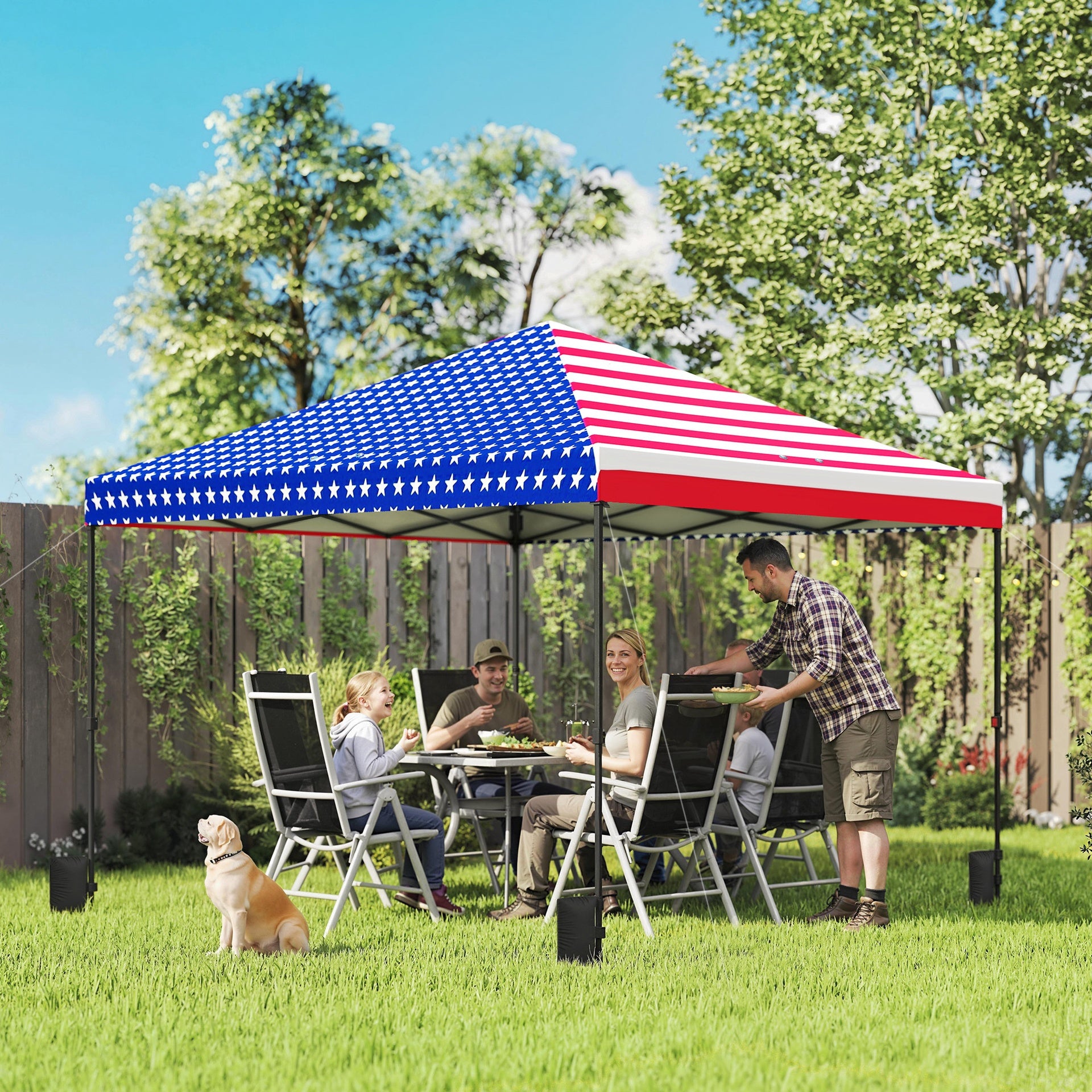 Outsunny 10 x 10 ft Pop Up Canopy Tent with One Push Setup, Outdoor Portable Instant Canopy Shelter w/ Roller Bag, American Flag