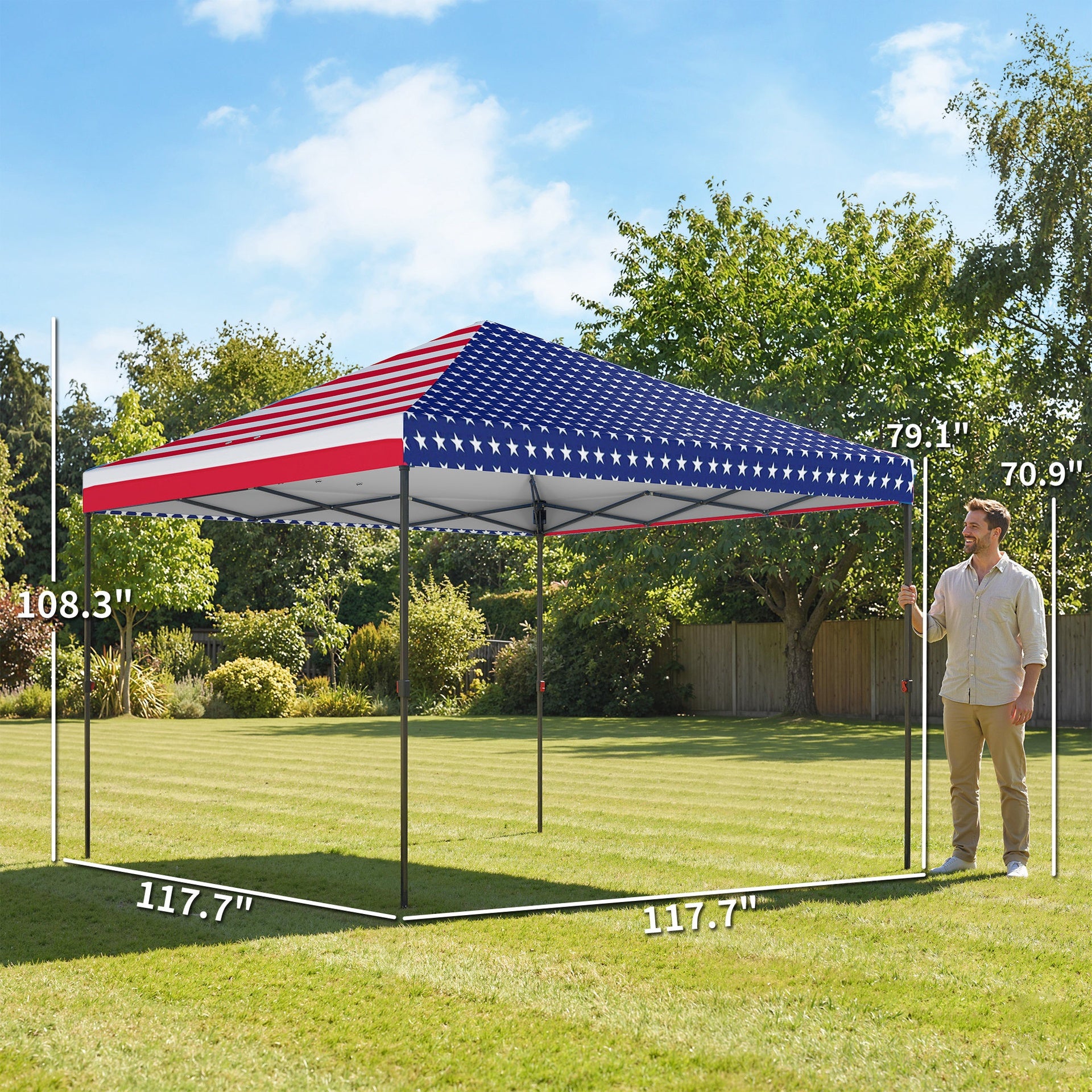 Outsunny 10 x 10 ft Pop Up Canopy Tent with One Push Setup, Outdoor Portable Instant Canopy Shelter w/ Roller Bag, American Flag