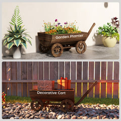 Outsunny Wooden Wagon Planter Box, Mobile Garden Planter with 4 Wheels, Small Wheelbarrow Wagon Flower Cart with Drainage Hole