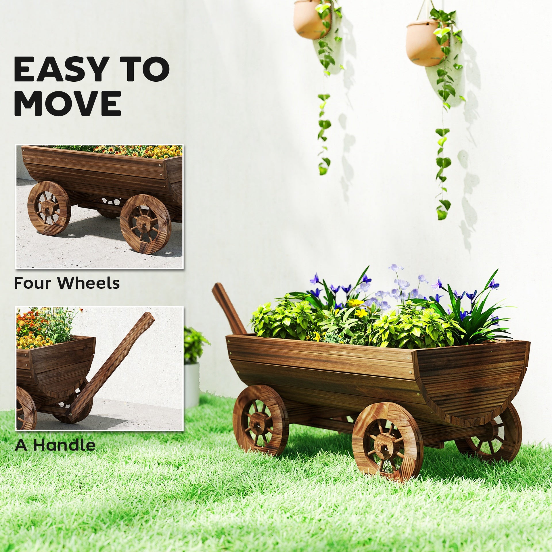 Outsunny Wooden Wagon Planter Box, Mobile Garden Planter with 4 Wheels, Small Wheelbarrow Wagon Flower Cart with Drainage Hole