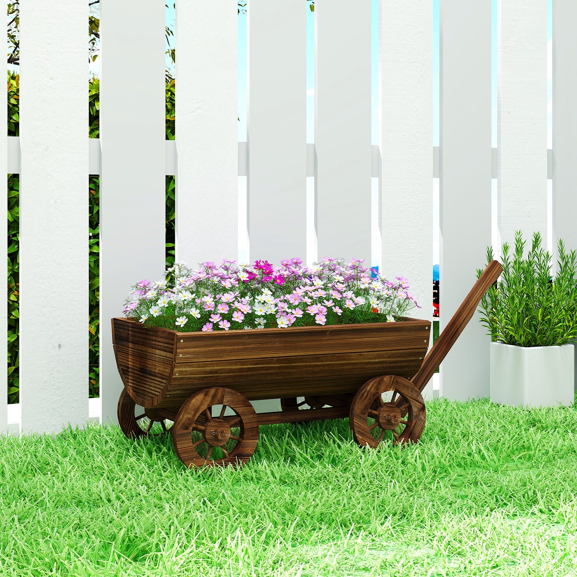Outsunny Wooden Wagon Planter Box, Mobile Garden Planter with 4 Wheels, Small Wheelbarrow Wagon Flower Cart with Drainage Hole