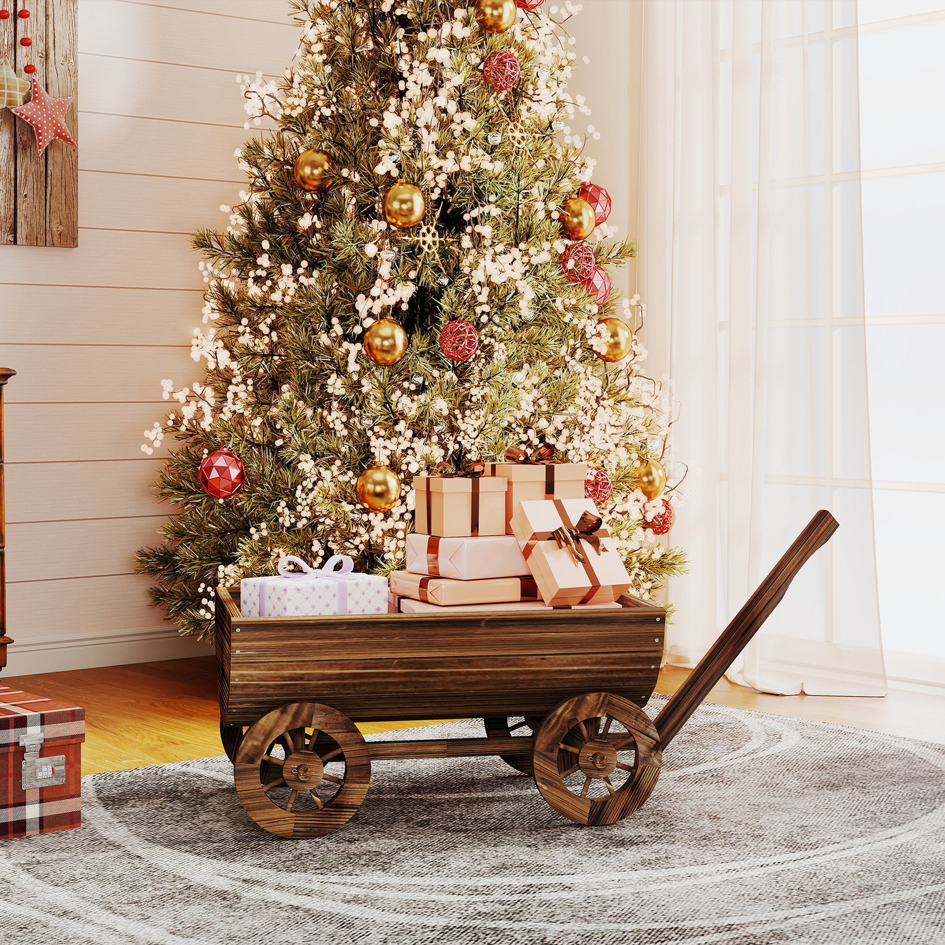 Outsunny Wooden Wagon Planter Box, Mobile Garden Planter with 4 Wheels, Small Wheelbarrow Wagon Flower Cart with Drainage Hole