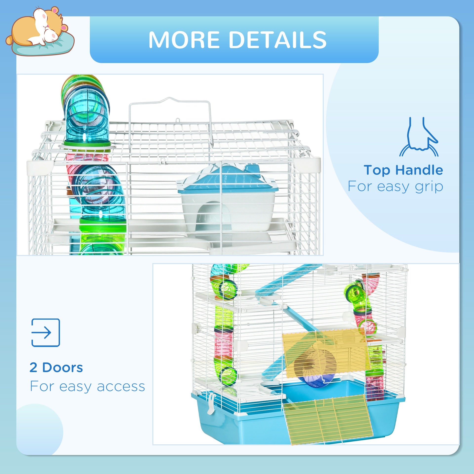 PawHut Extra Large 23" Hamster Cage with Tubes and Tunnels, Portable Carry Handles, Rat House and Habitats Big 5-Tier Design, Mouse Cage Includes Exercise Wheel, Water Bottle, Food Dish, Light Blue