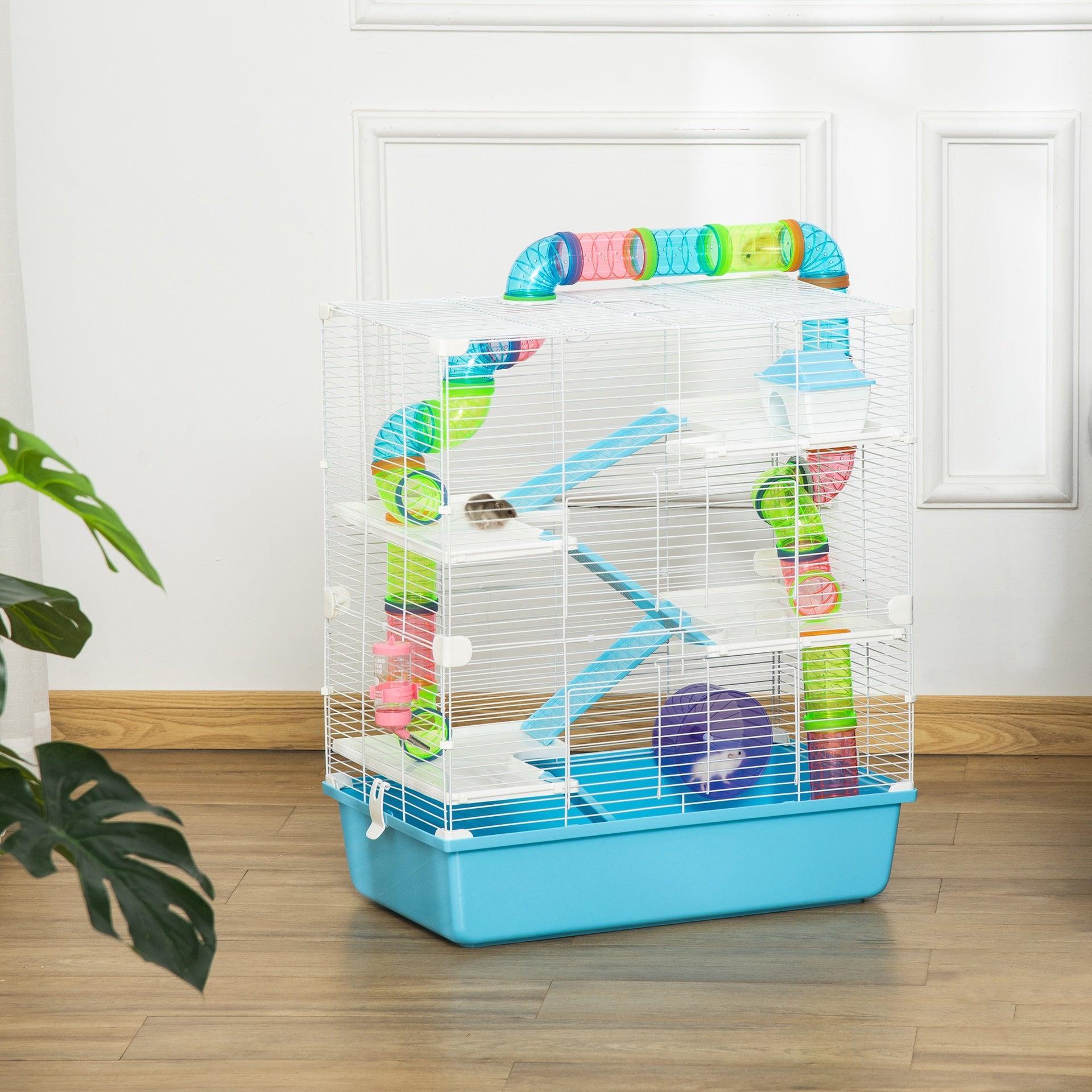 PawHut Extra Large 23" Hamster Cage with Tubes and Tunnels, Portable Carry Handles, Rat House and Habitats Big 5-Tier Design, Mouse Cage Includes Exercise Wheel, Water Bottle, Food Dish, Light Blue