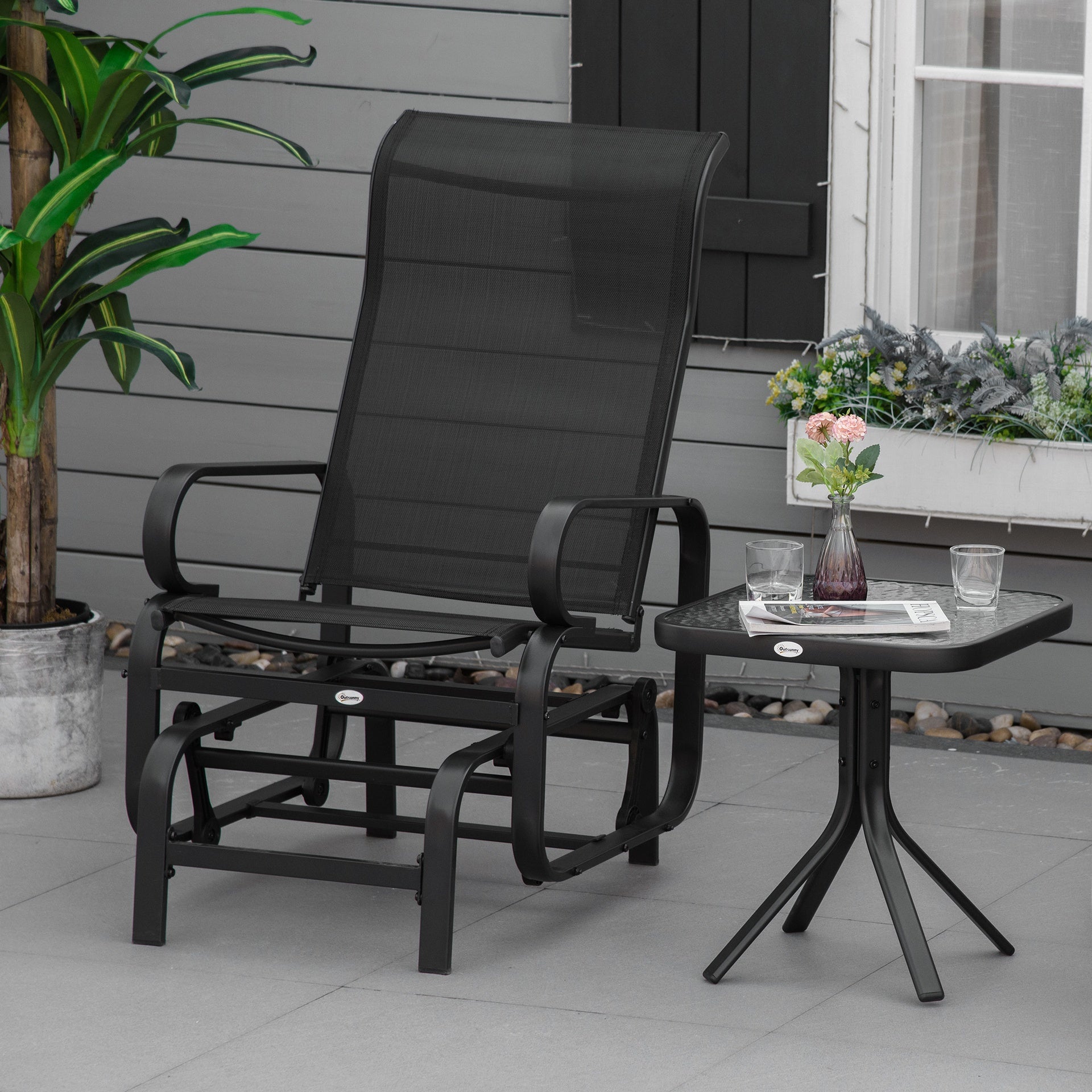 Outsunny Outdoor Patio Sling Fabric Swing Glider Rocker Chair with Smooth Rocking Arms, Black