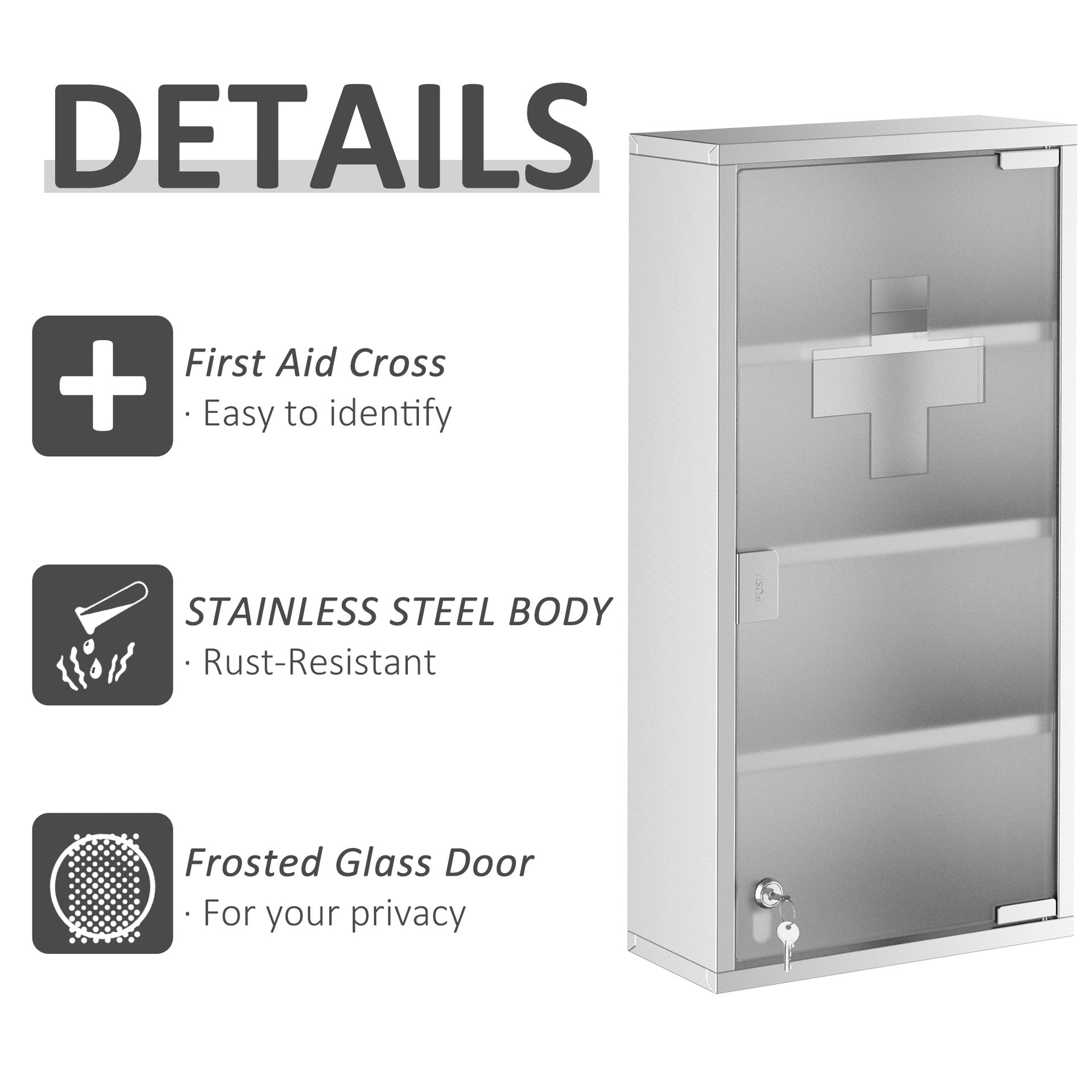 HOMCOM 12" x 24" Lockable Medicine Cabinet, 4 Tier Stainless Steel Medical Wall Box with 2 Keys and Shelves for Bathroom