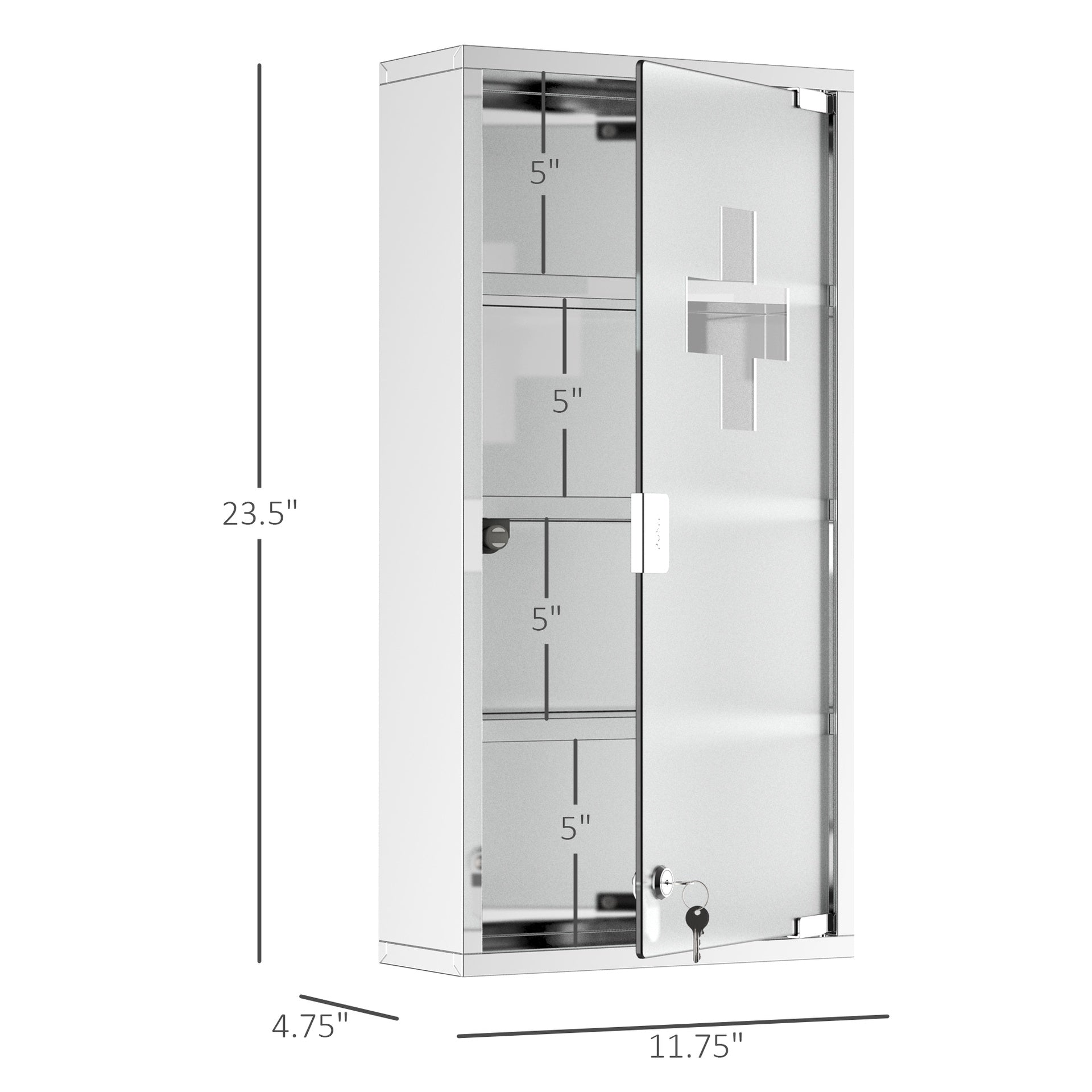 HOMCOM 12" x 24" Lockable Medicine Cabinet, 4 Tier Stainless Steel Medical Wall Box with 2 Keys and Shelves for Bathroom