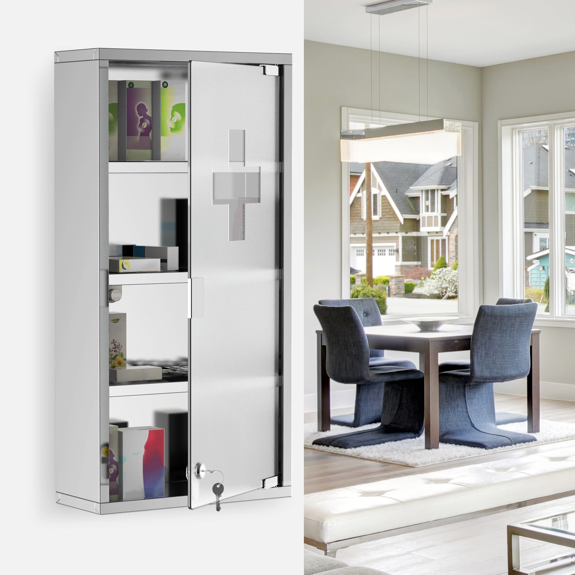 HOMCOM 12" x 24" Lockable Medicine Cabinet, 4 Tier Stainless Steel Medical Wall Box with 2 Keys and Shelves for Bathroom