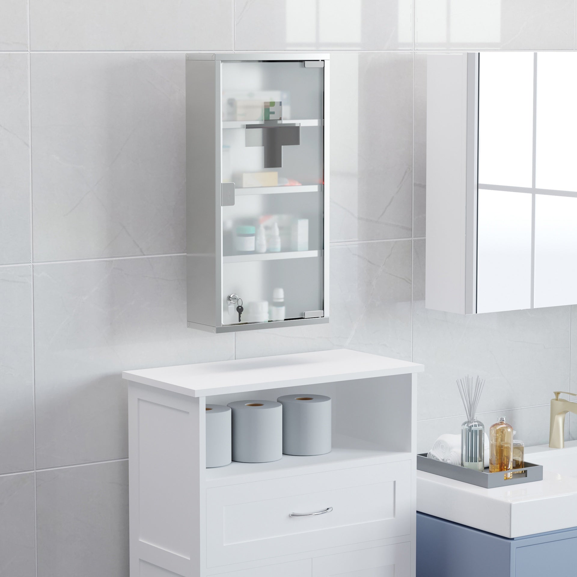 HOMCOM 12" x 24" Lockable Medicine Cabinet, 4 Tier Stainless Steel Medical Wall Box with 2 Keys and Shelves for Bathroom