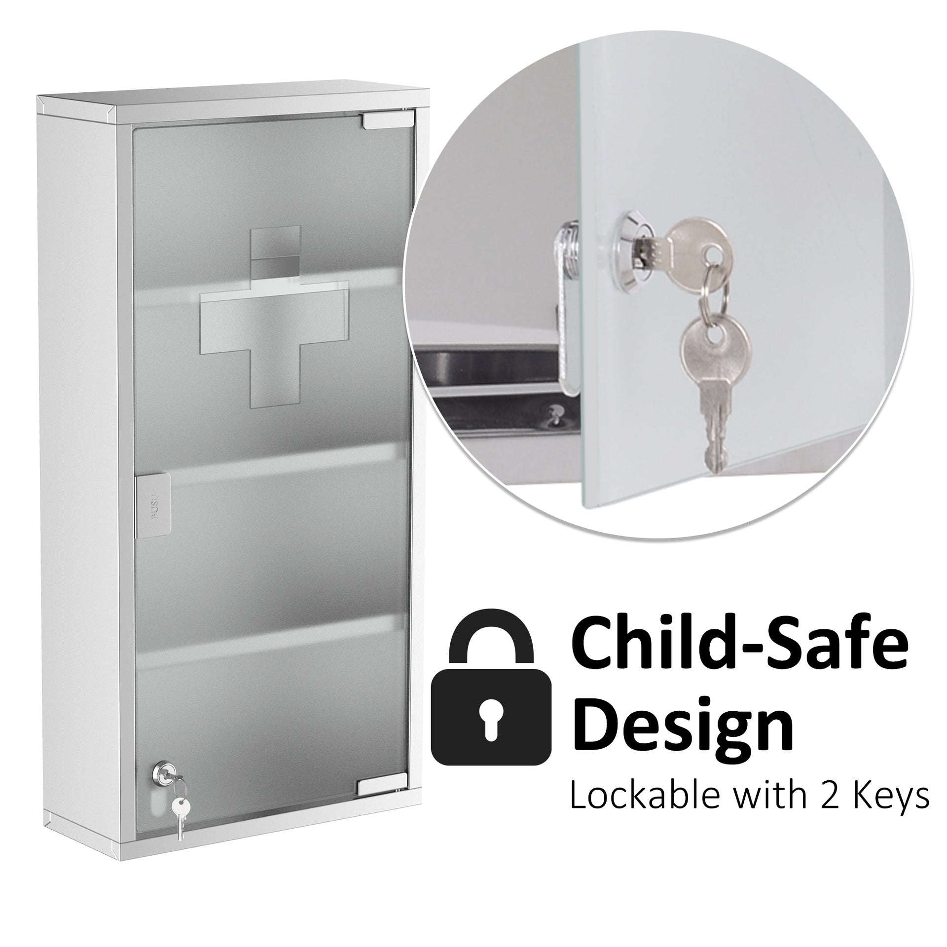 HOMCOM 12" x 24" Lockable Medicine Cabinet, 4 Tier Stainless Steel Medical Wall Box with 2 Keys and Shelves for Bathroom