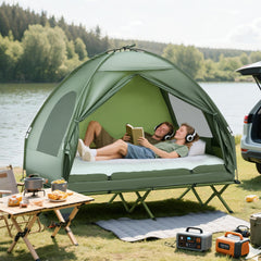 Outsunny 2-Person Tent Cot, 4-in-1 Elevated Camping Bed Combo with Air Mattress, Bed Cover, Foot Pump
