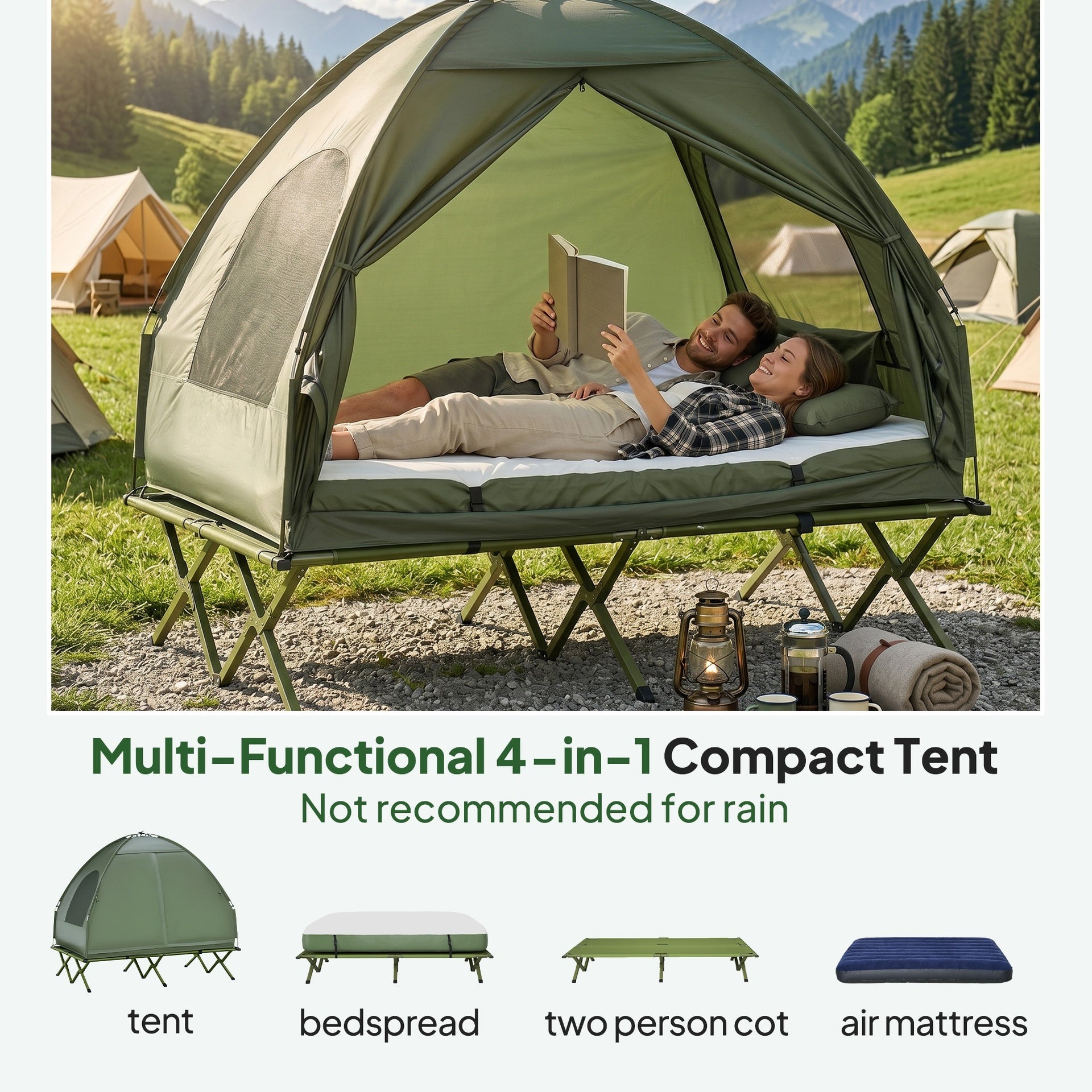 Outsunny 2-Person Tent Cot, 4-in-1 Elevated Camping Bed Combo with Air Mattress, Bed Cover, Foot Pump