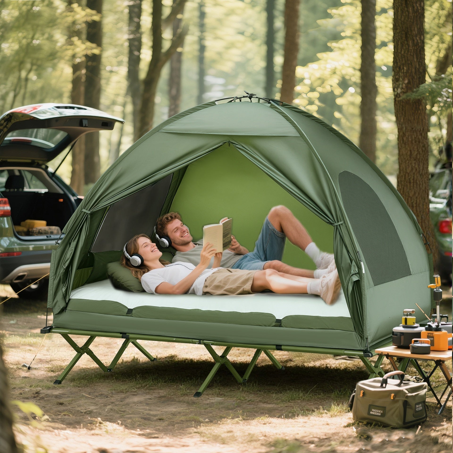 Outsunny 2-Person Tent Cot, 4-in-1 Elevated Camping Bed Combo with Air Mattress, Bed Cover, Foot Pump