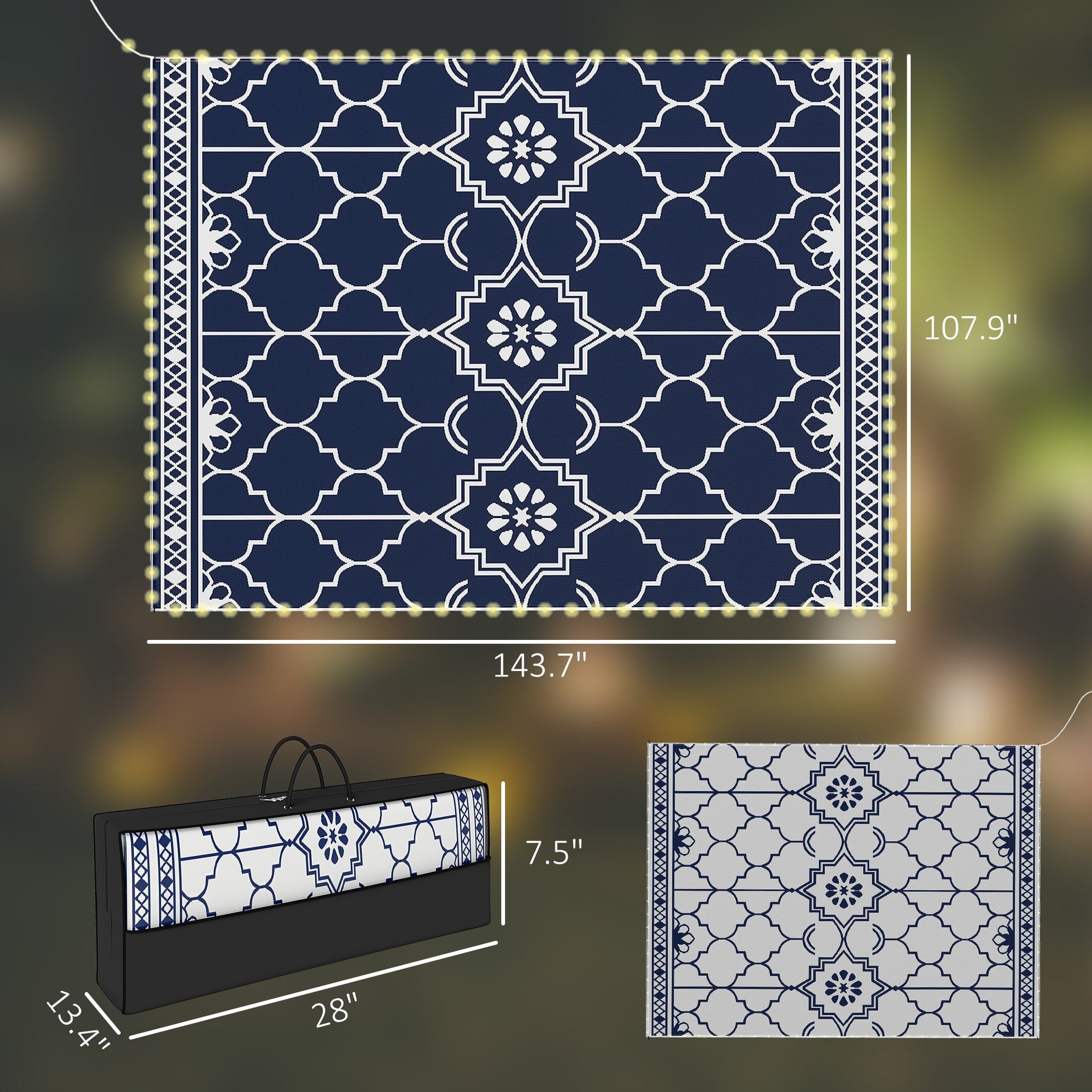 Outsunny Reversible Outdoor Rug Carpet with LED Lights, 12' x 9' PP Straw Rug with Carry Bag and Ground Stakes