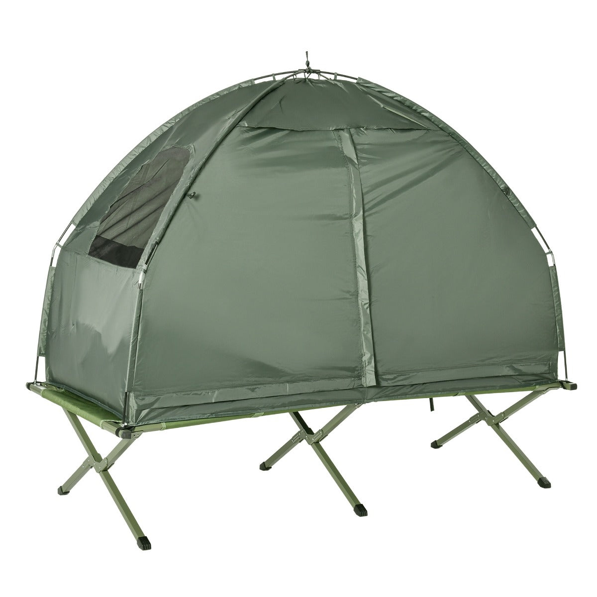 Outsunny All-in-One Folding Camping Cots for Adults, Elevated Tent with Sleeping Bag, Thick Air Mattress Pad, Portable Single Sleeping Cot Camping Bed