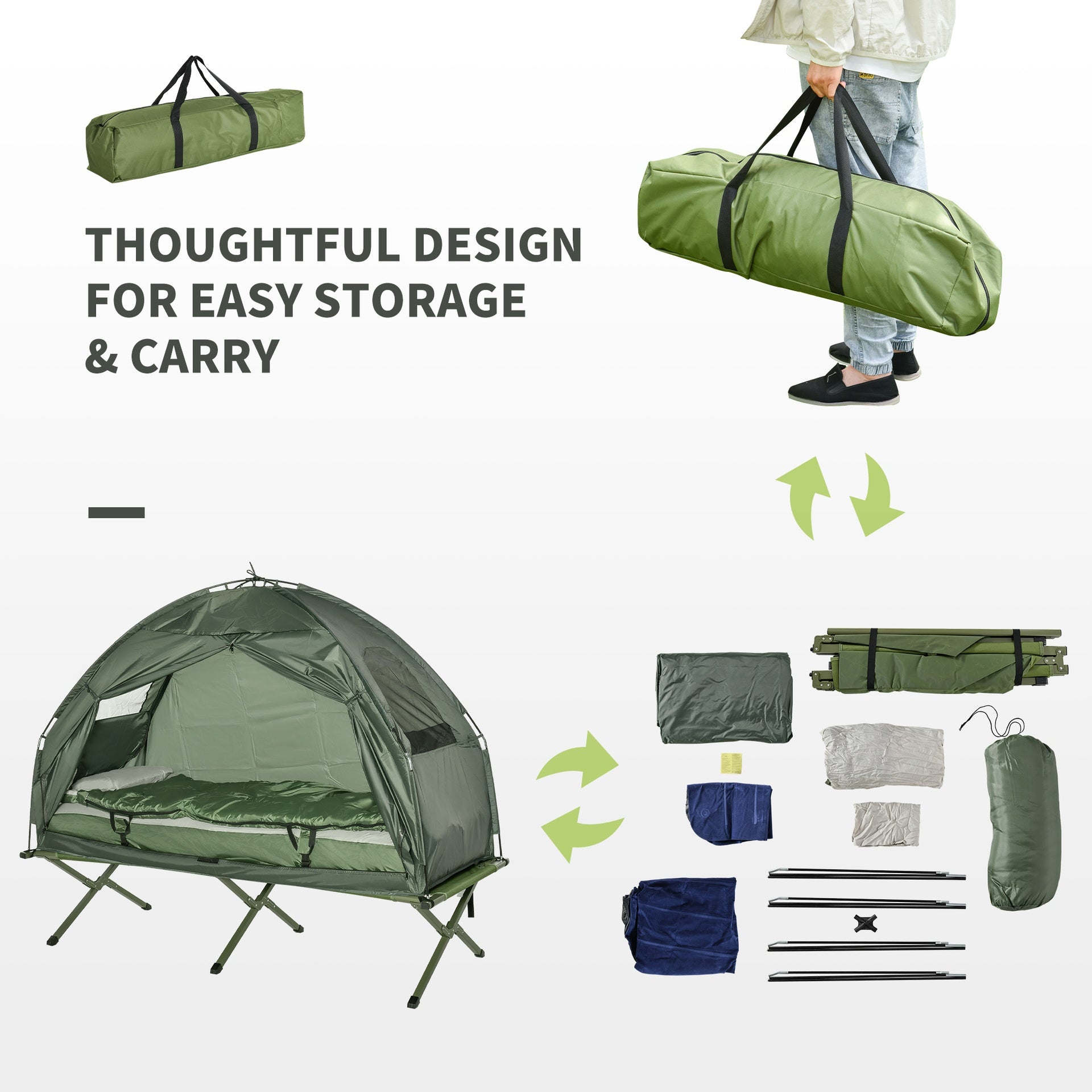 Outsunny All-in-One Folding Camping Cots for Adults, Elevated Tent with Sleeping Bag, Thick Air Mattress Pad, Portable Single Sleeping Cot Camping Bed