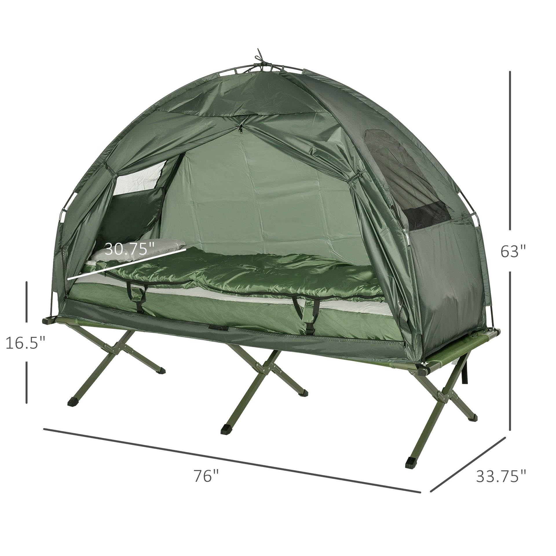 Outsunny All-in-One Folding Camping Cots for Adults, Elevated Tent with Sleeping Bag, Thick Air Mattress Pad, Portable Single Sleeping Cot Camping Bed
