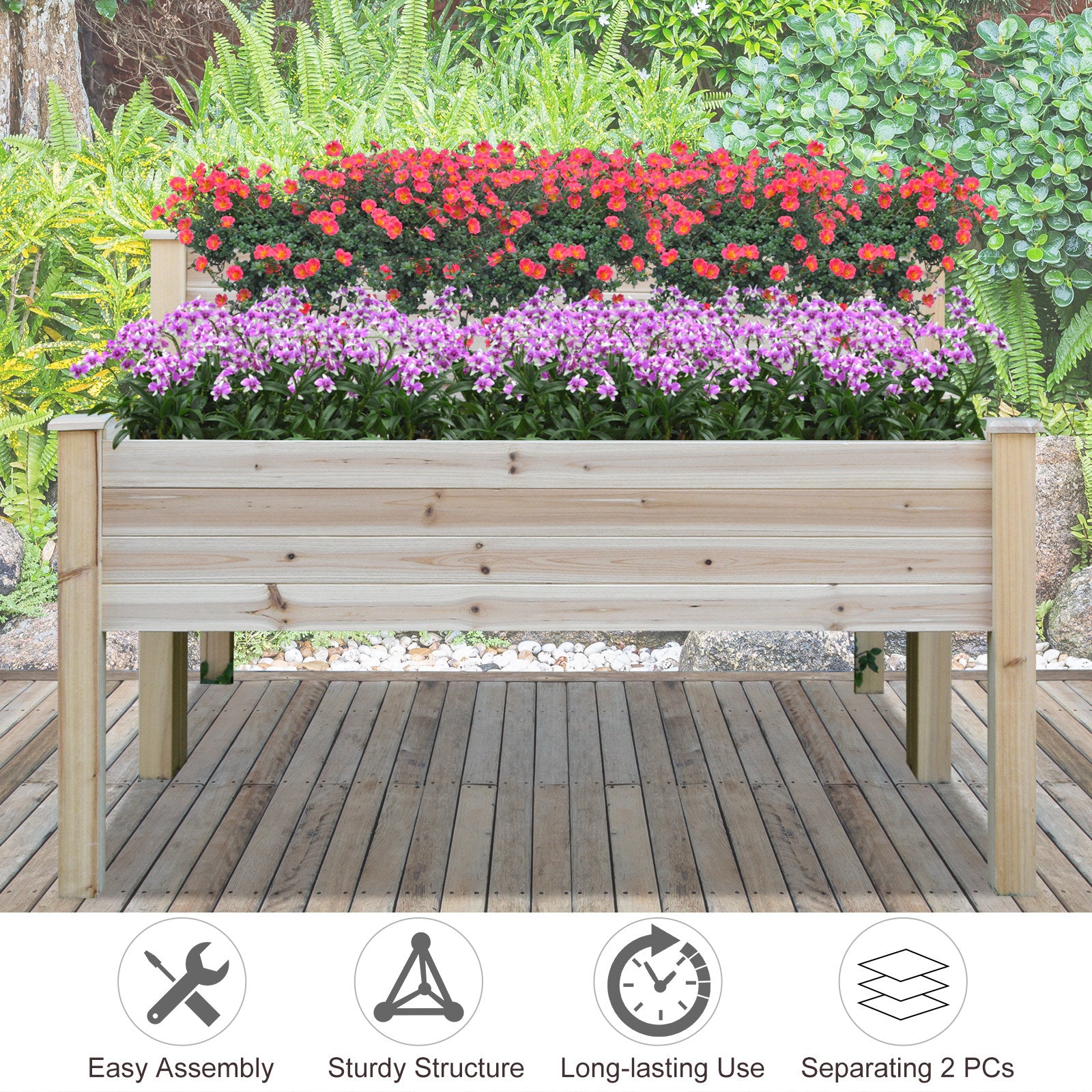 Outsunny Two-Tier Wooden Elevated Garden Bed with Legs, Large Capacity 45x45 Outdoor Planter for Vegetables, Flowers, and Herbs, Ideal for Gardeners, Natural