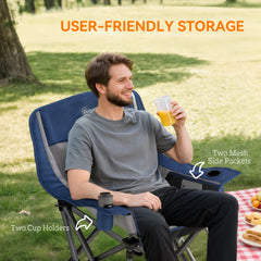Outsunny Camping Chair for Adults, Portable Folding Camping Chair with Side Pockets, Cup Holders, Carry Bag, Blue and Gray