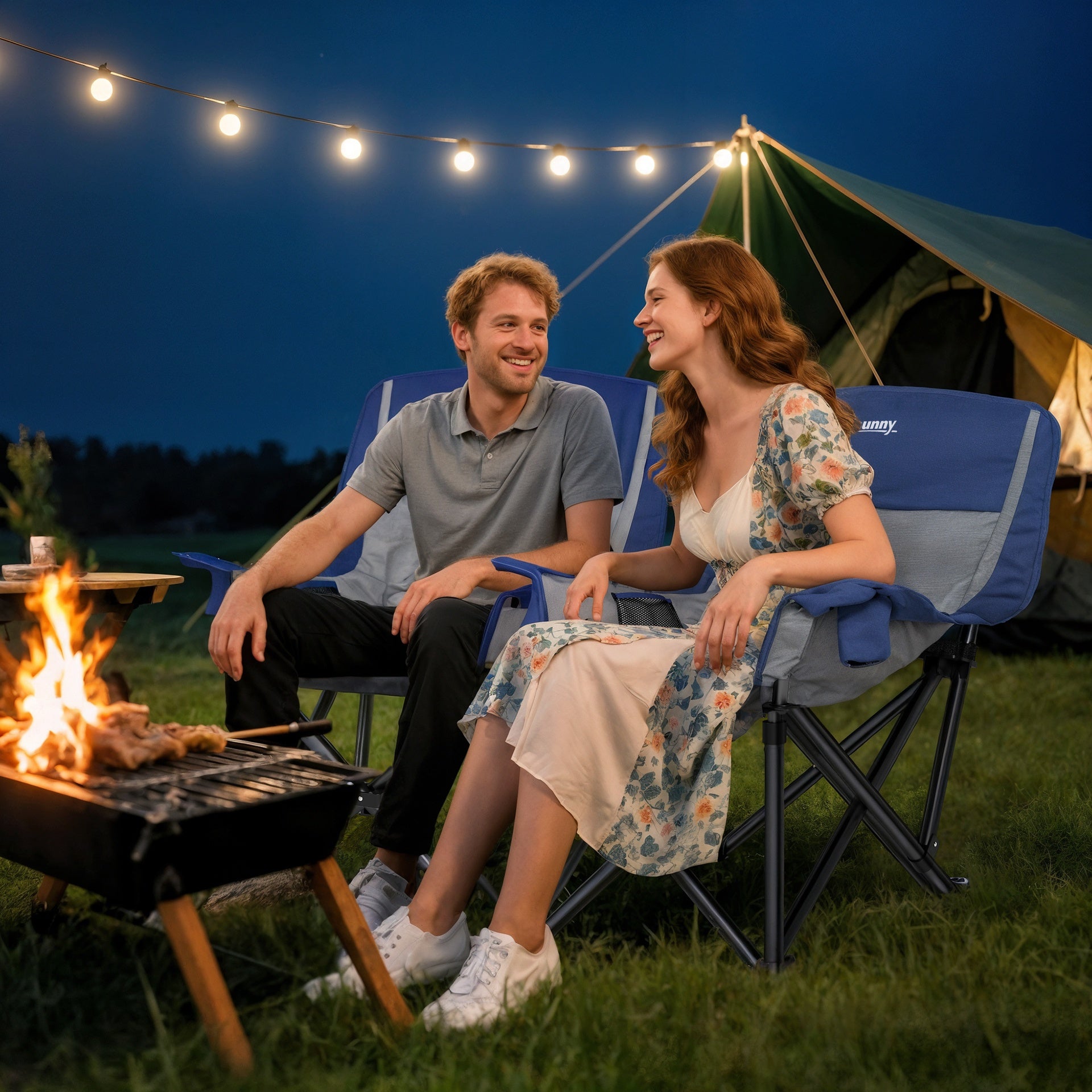 Outsunny Camping Chair for Adults, Portable Folding Camping Chair with Side Pockets, Cup Holders, Carry Bag, Blue and Gray