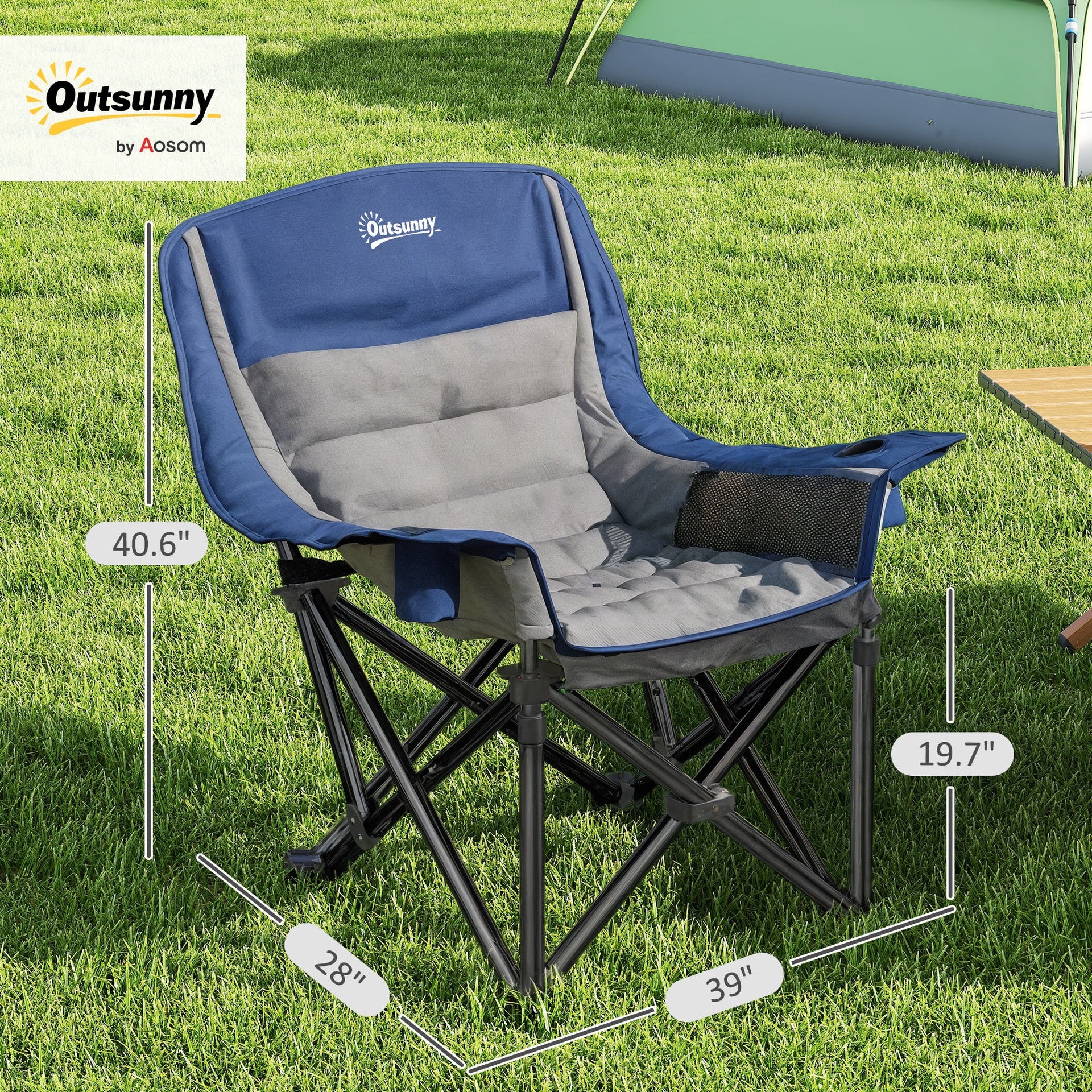 Outsunny Camping Chair for Adults, Portable Folding Camping Chair with Side Pockets, Cup Holders, Carry Bag, Blue and Gray
