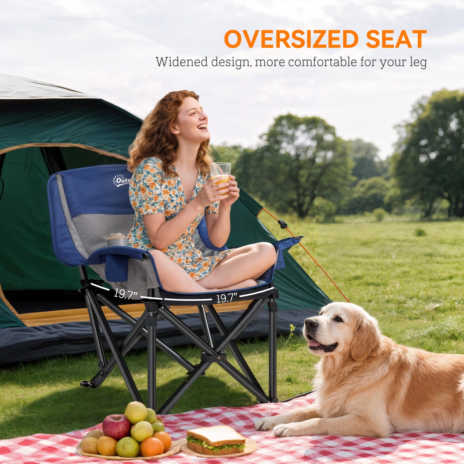 Outsunny Camping Chair for Adults, Portable Folding Camping Chair with Side Pockets, Cup Holders, Carry Bag, Blue and Gray