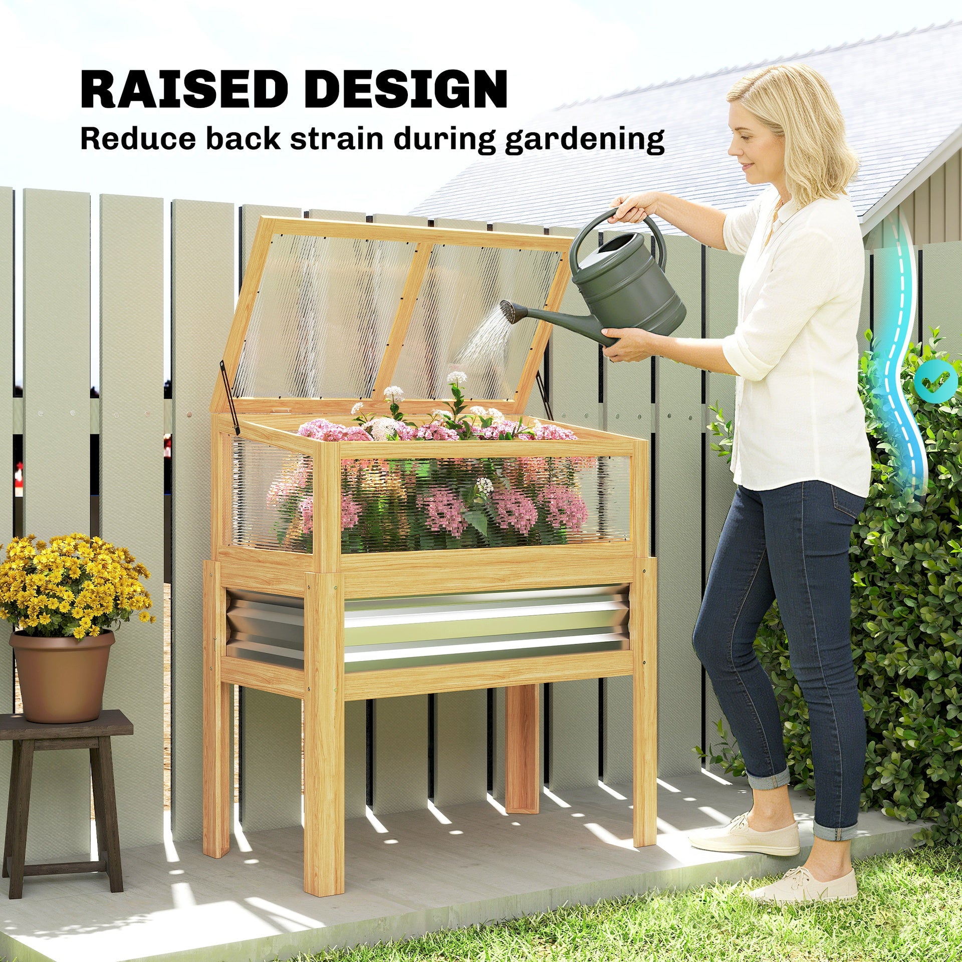 Outsunny Raised Garden Bed with Mini Greenhouse, Elevated Planter Box with Legs and Bed Liner for Flowers, Vegetables