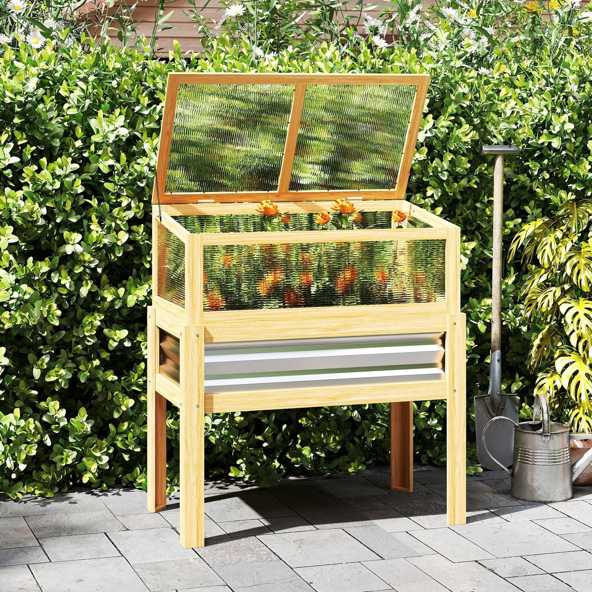 Outsunny Raised Garden Bed with Mini Greenhouse, Elevated Planter Box with Legs and Bed Liner for Flowers, Vegetables