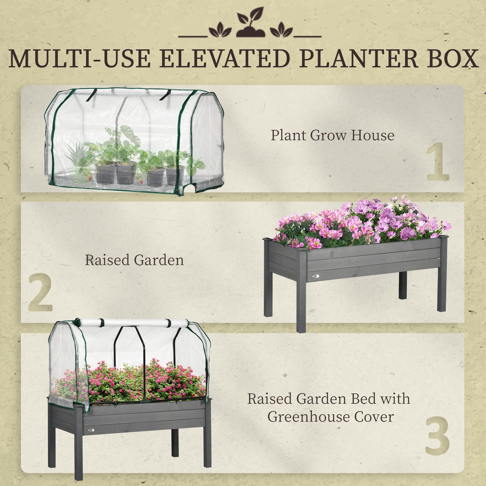 Outsunny Raised Garden Bed with PE Greenhouse Cover Outdoor Planter Box for Herbs and Vegetables, 48 x 22 x 46 inch, Dark Gray