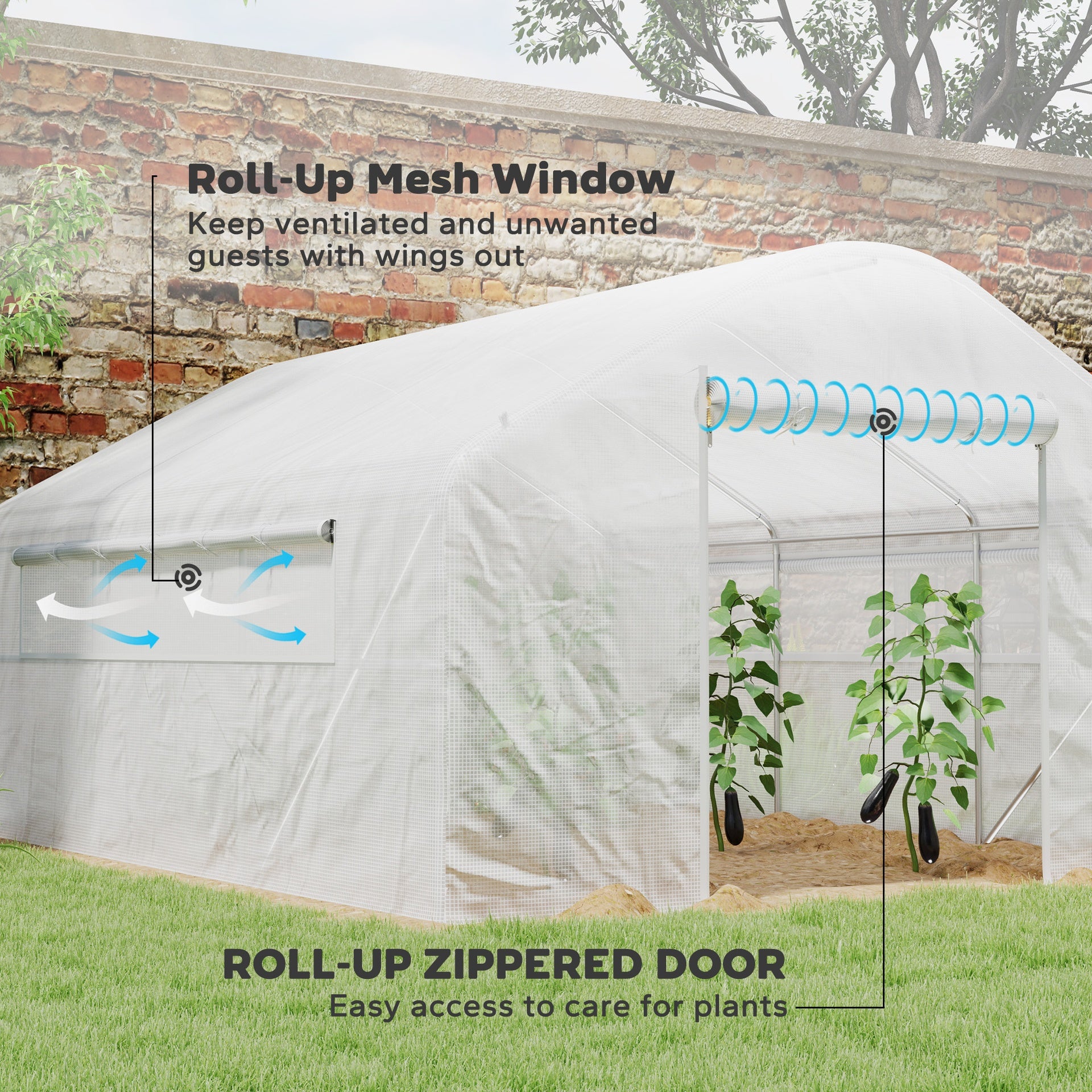 Outsunny 13' x 10' x 6.5' Tunnel Greenhouse Hoop House with Upgraded Galvanized Steel Frame and Large Windows, White